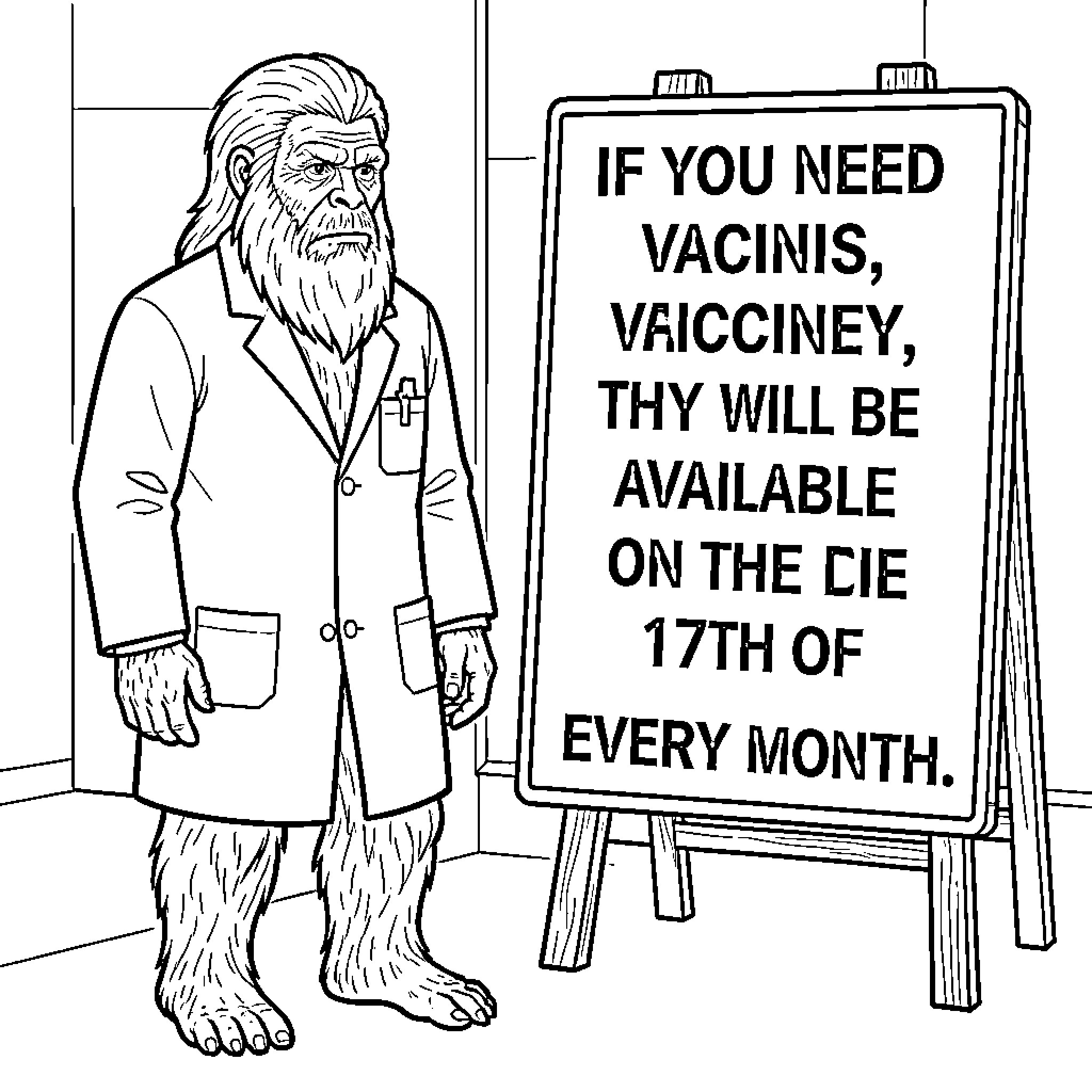 Bigfoot wearing a lab coat standing by a sign Coloring Page (free black-and-white line drawing printable PDF for all, from beginners to advanced learners, including children, teens, adults, and seniors)
