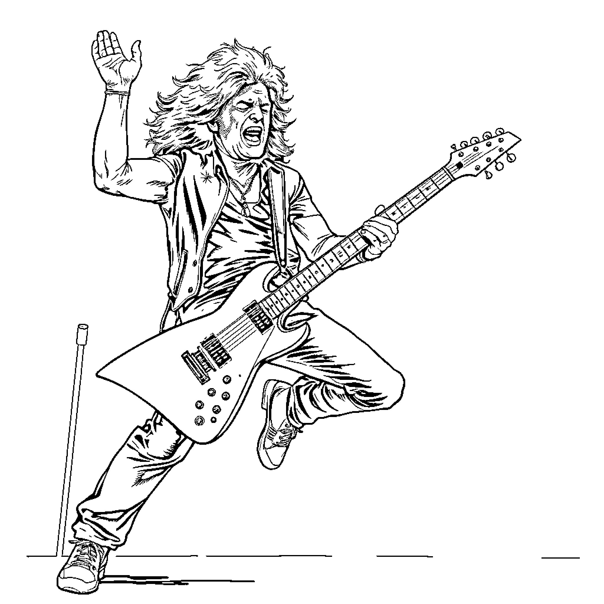 Eddie Van Halen rocking out on stage with guitar Coloring Page (free black-and-white line drawing printable PDF for all, from beginners to advanced learners, including children, teens, adults, and seniors)