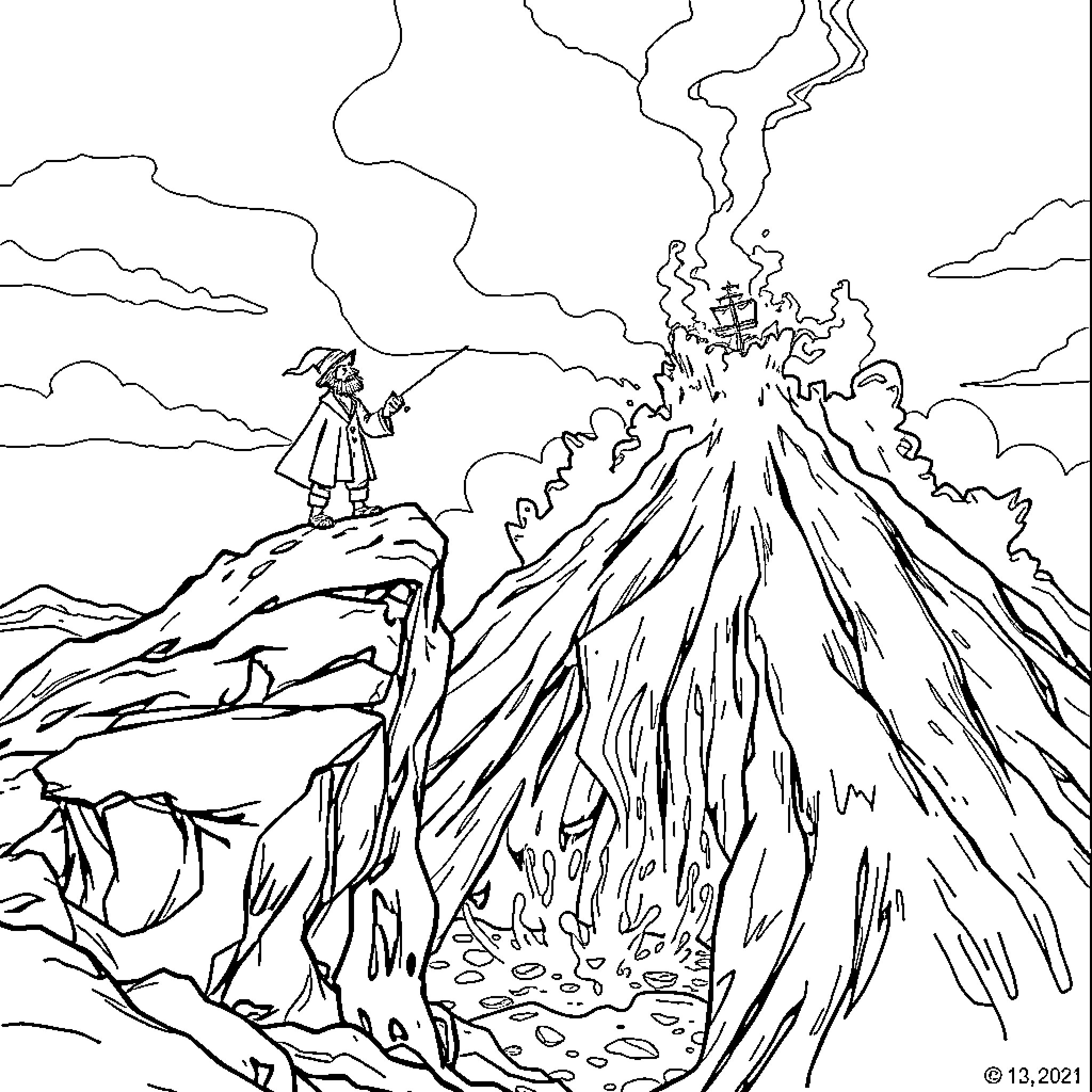Crewmate observing an erupting volcano in the distance Coloring Page (free black-and-white line drawing printable PDF for all, from beginners to advanced learners, including children, teens, adults, and seniors)