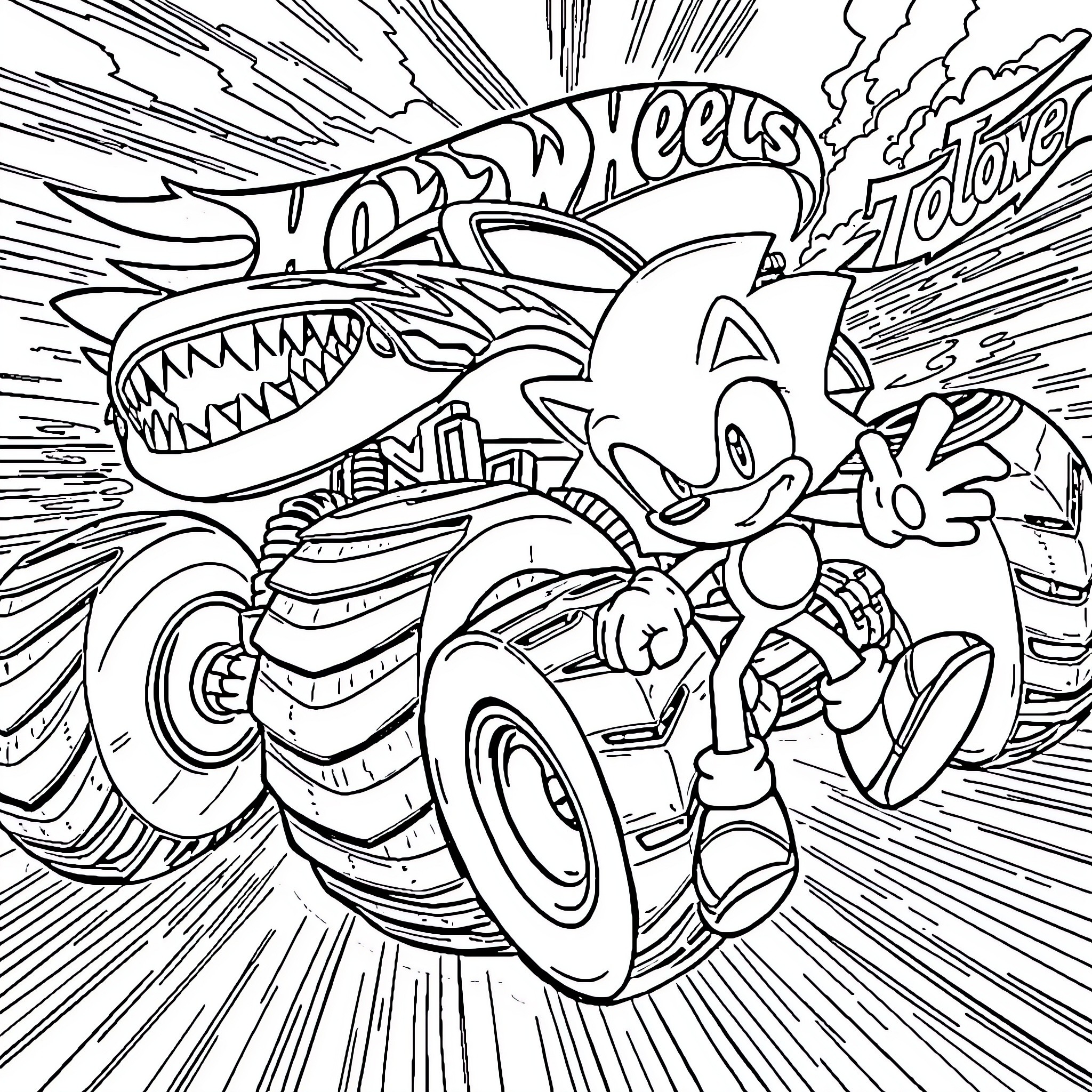 Monster Truck Stunt Showcase with Cartoon Characters Coloring Page (free black-and-white line drawing printable PDF for all, from beginners to advanced learners, including children, teens, adults, and seniors)