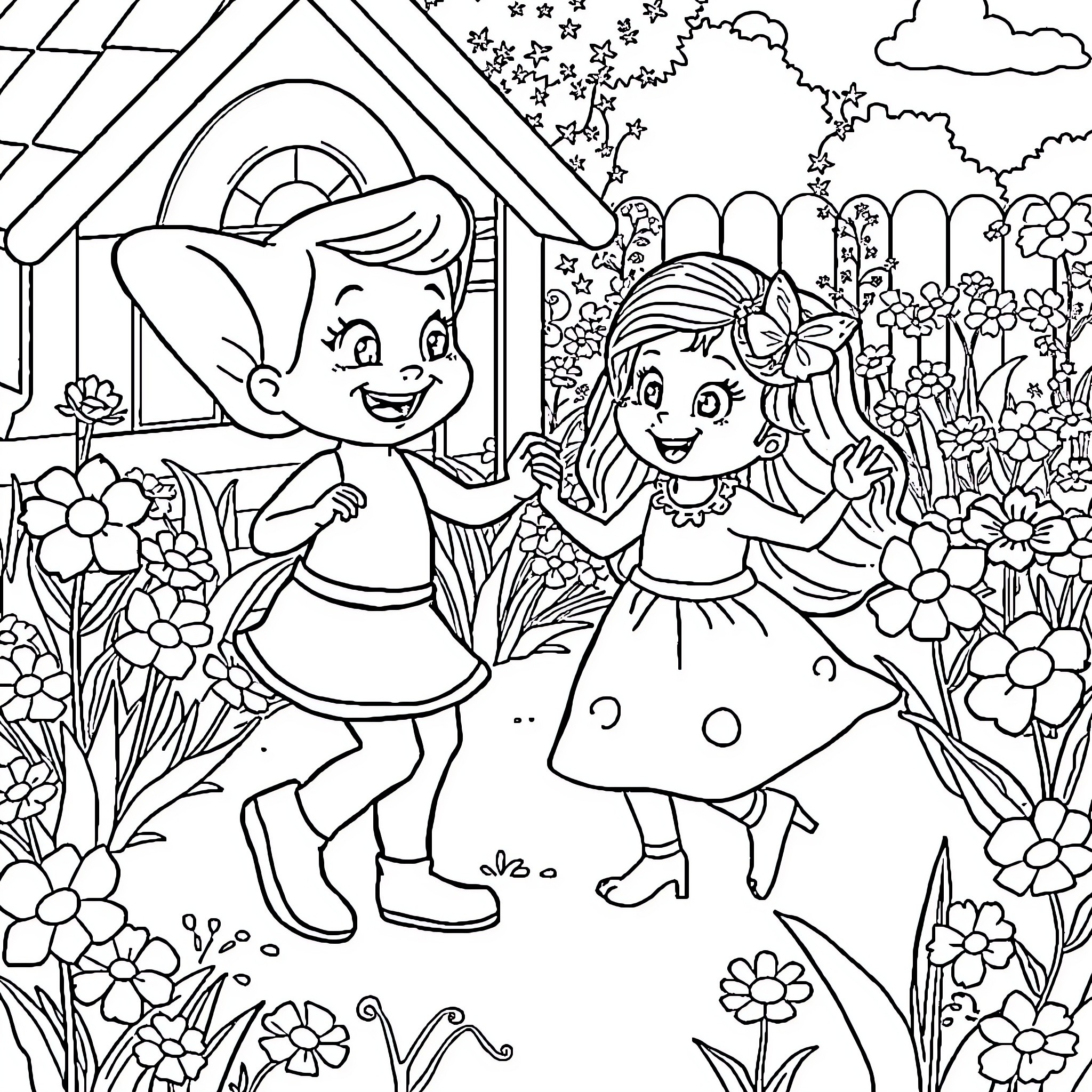 Bluey and Friends Explore the Enchanted Garden Coloring Page (free black-and-white line drawing printable PDF for all, from beginners to advanced learners, including children, teens, adults, and seniors)