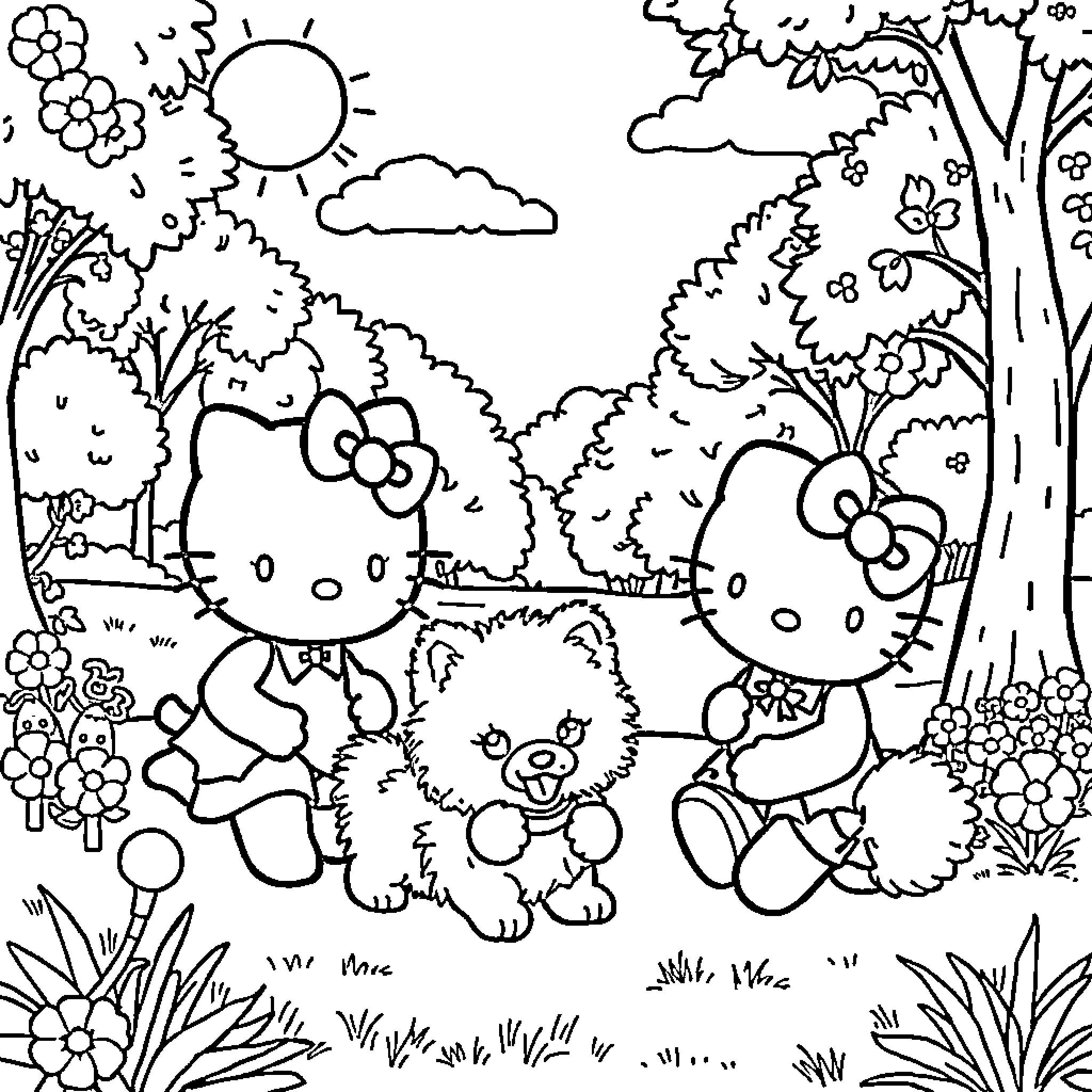 Hello Kitty and Friends Enjoying Nature Coloring Page (free black-and-white line drawing printable PDF for all, from beginners to advanced learners, including children, teens, adults, and seniors)