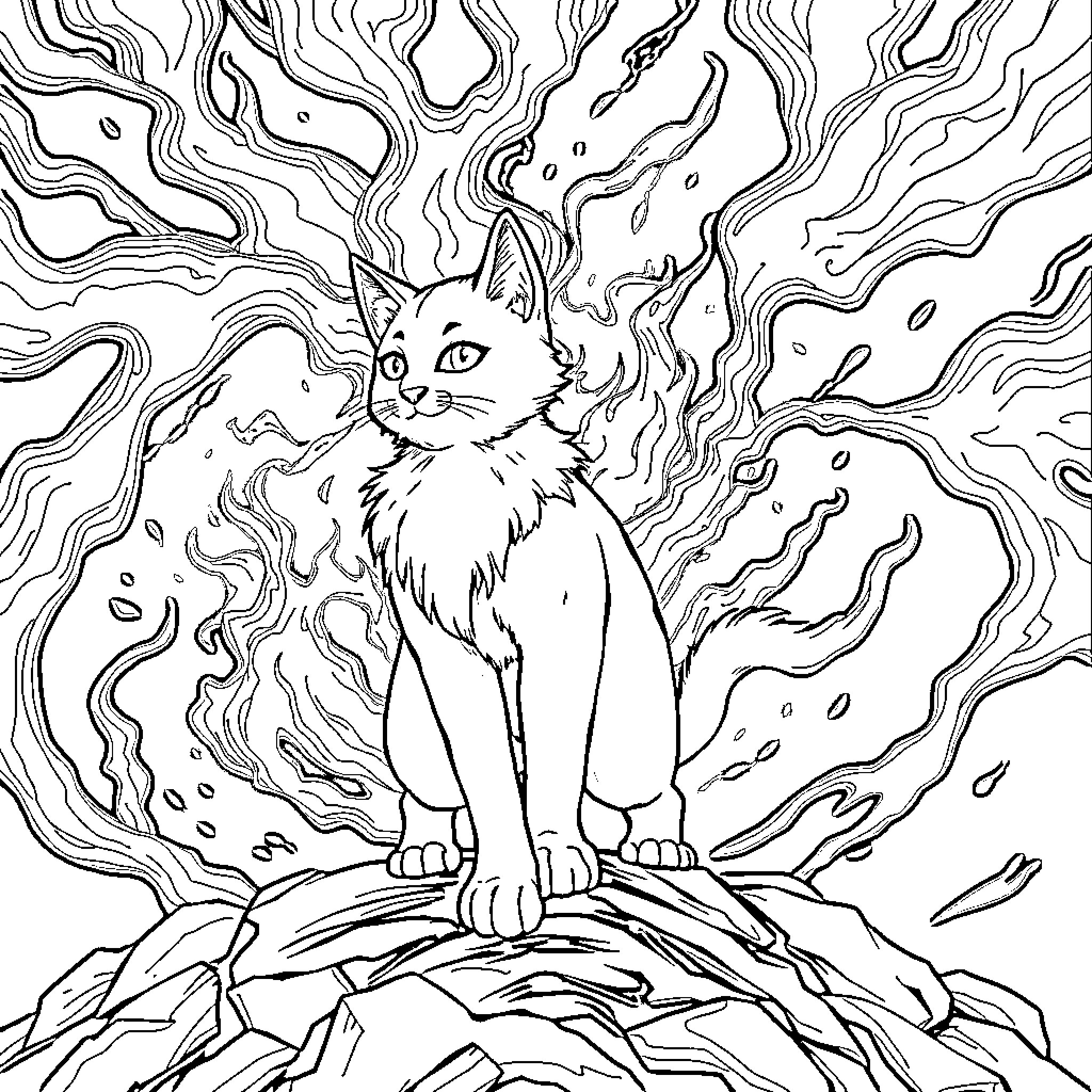 Cat amid Intricate Patterns Coloring Page (free black-and-white line drawing printable PDF for all, from beginners to advanced learners, including children, teens, adults, and seniors)