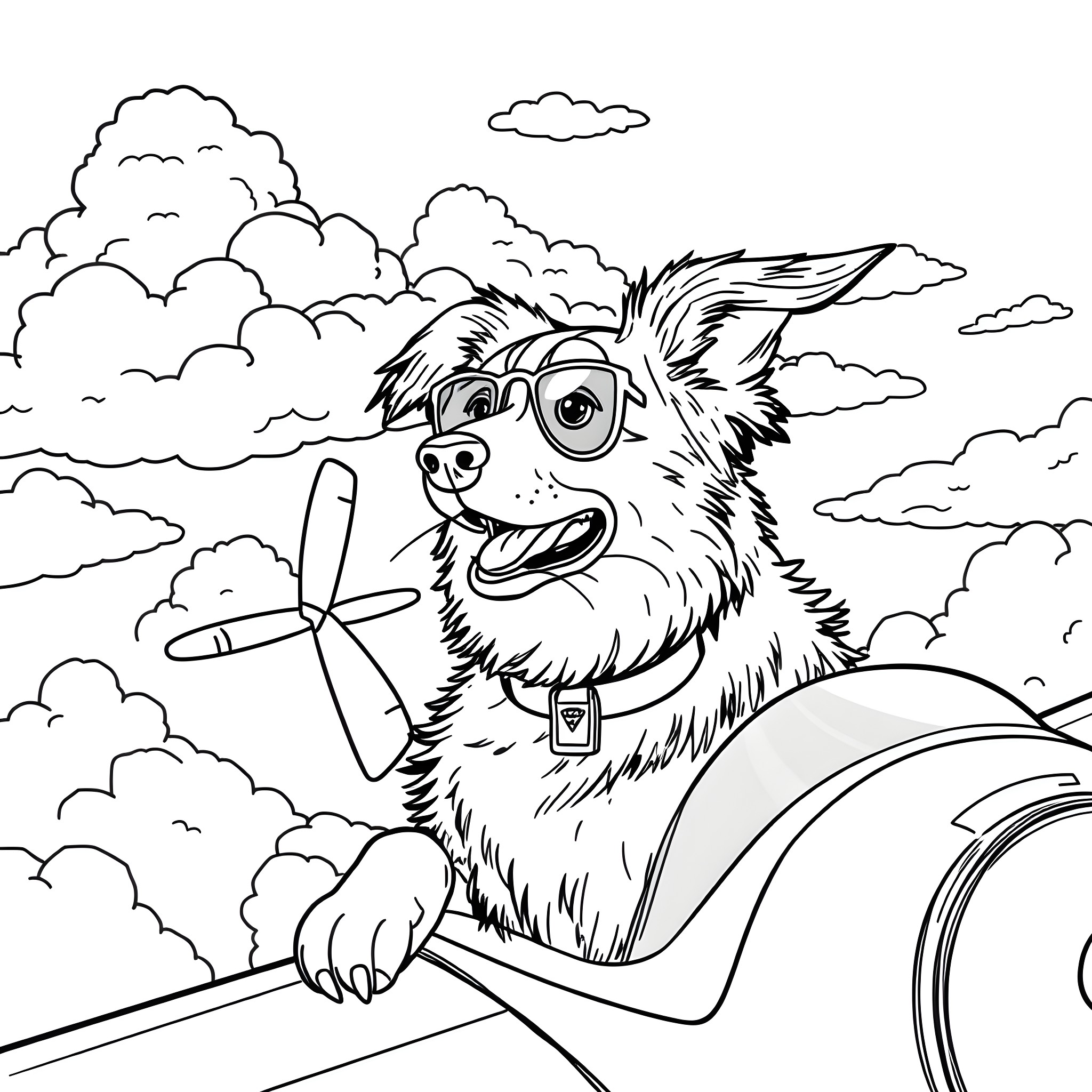 Australian Shepherd in a Windy Day Adventure Coloring Page (free black-and-white line drawing printable PDF for all, from beginners to advanced learners, including children, teens, adults, and seniors)