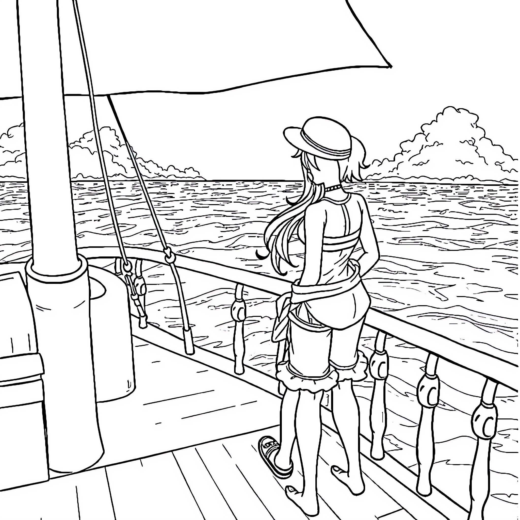 Luffy fishing on a sailboat in the ocean Coloring Page (free black-and-white line drawing printable PDF for all, from beginners to advanced learners, including children, teens, adults, and seniors)