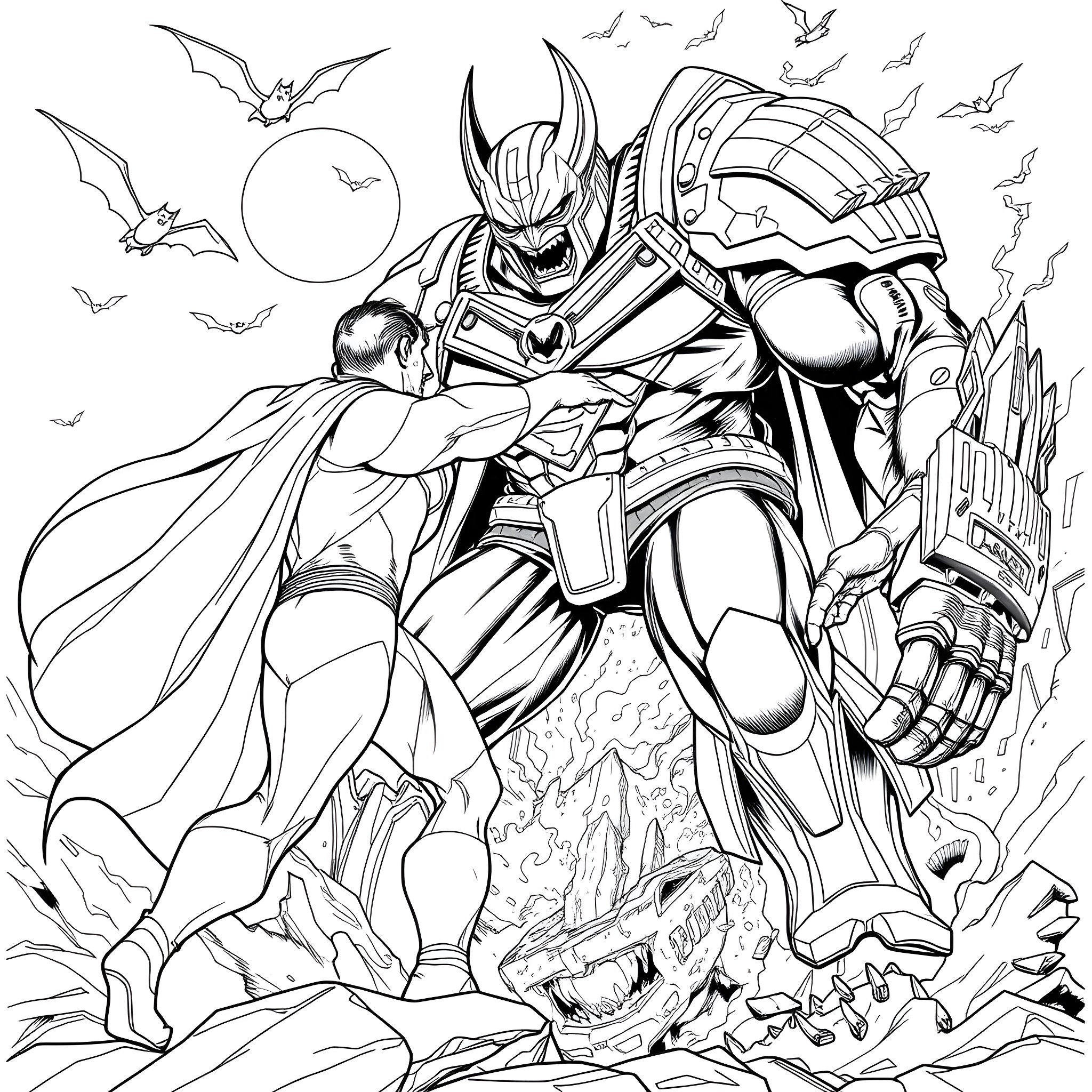 Superman Battling Powerful Foes in Otherworldly Landscape Coloring Page (free black-and-white line drawing printable PDF for all, from beginners to advanced learners, including children, teens, adults, and seniors)