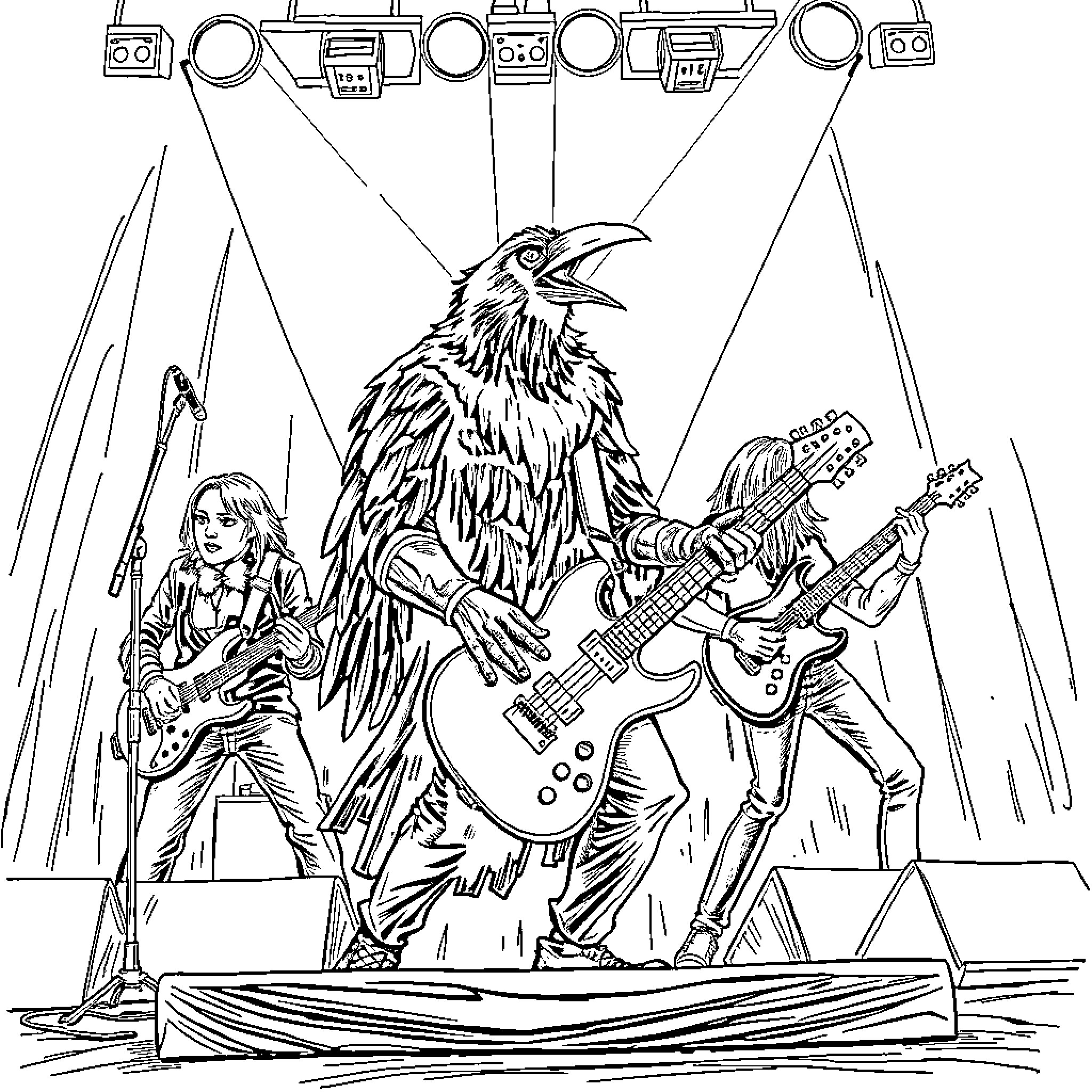 Crow Rock Band Performing on Stage Coloring Page (free black-and-white line drawing printable PDF for all, from beginners to advanced learners, including children, teens, adults, and seniors)
