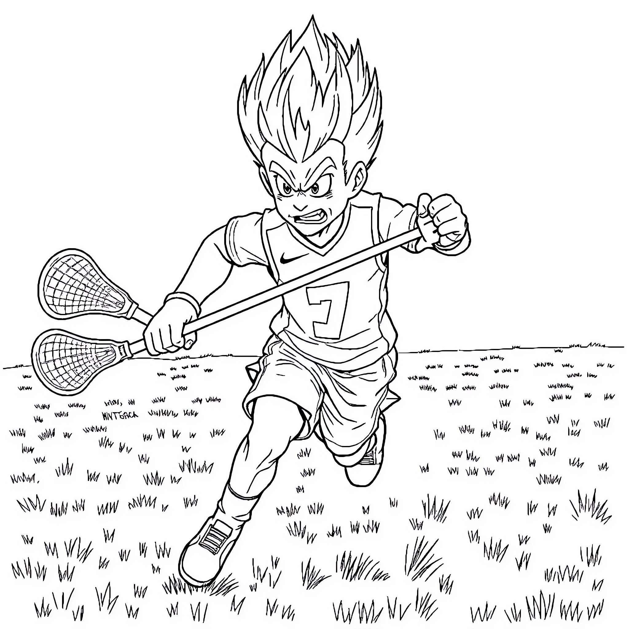 Vegeta playing lacrosse in the grass Coloring Page (free black-and-white line drawing printable PDF for all, from beginners to advanced learners, including children, teens, adults, and seniors)