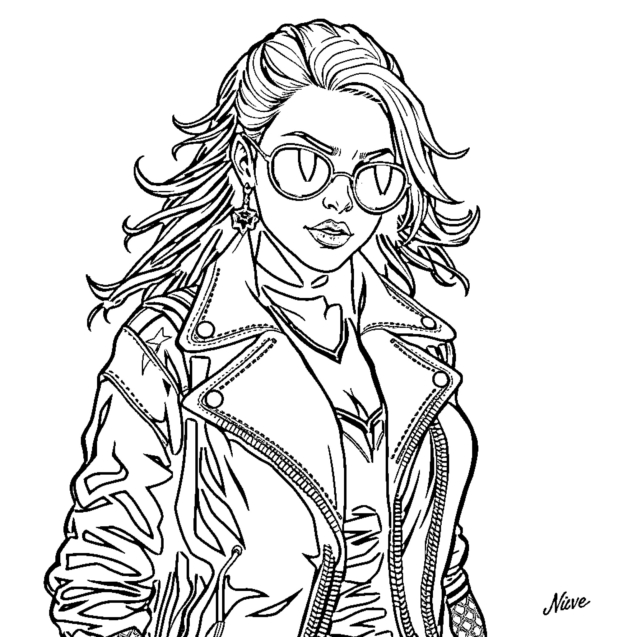 Snow White in Punk Rock Outfit Coloring Page (free black-and-white line drawing printable PDF for all, from beginners to advanced learners, including children, teens, adults, and seniors)