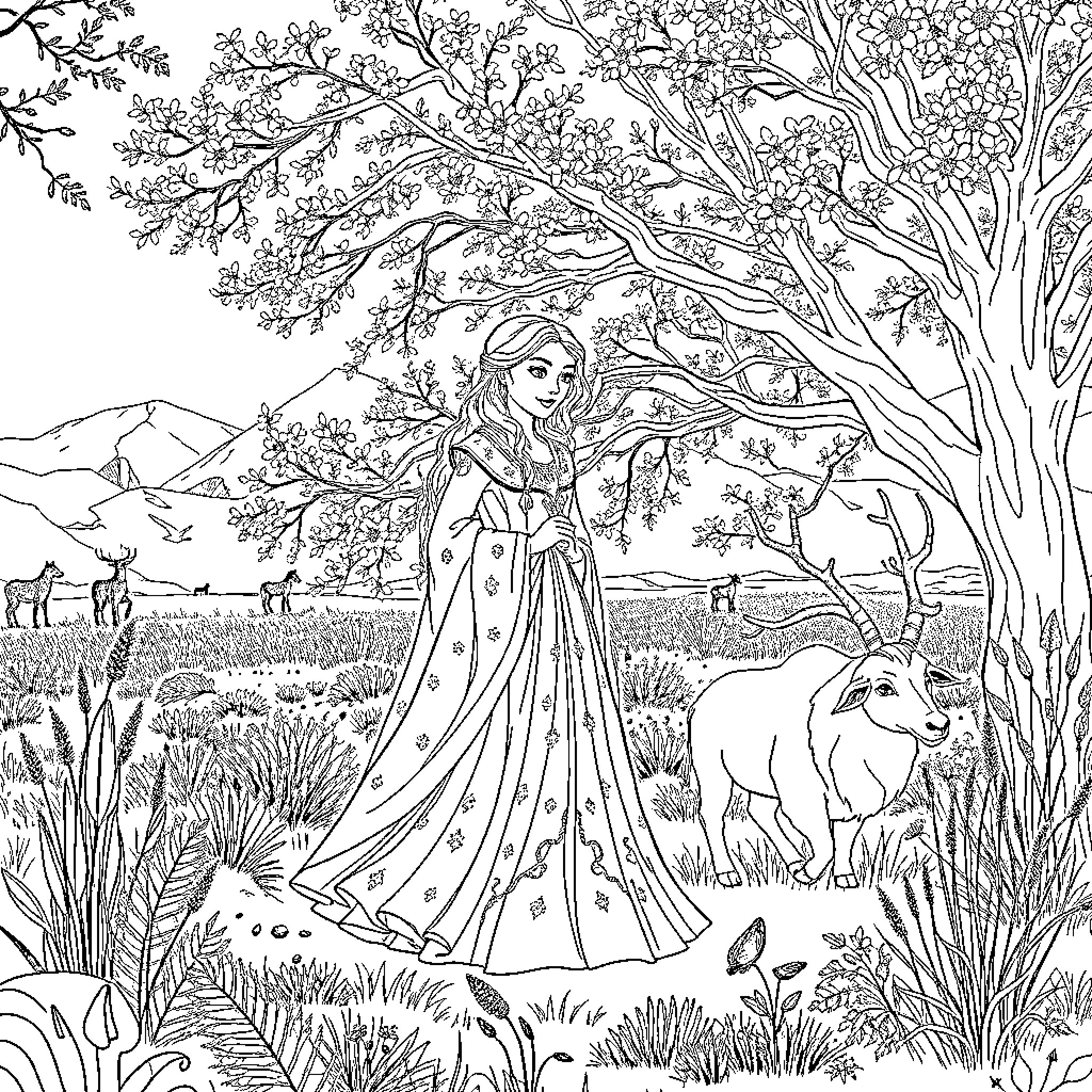 Queen in an enchanted forest landscape Coloring Page (free black-and-white line drawing printable PDF for all, from beginners to advanced learners, including children, teens, adults, and seniors)