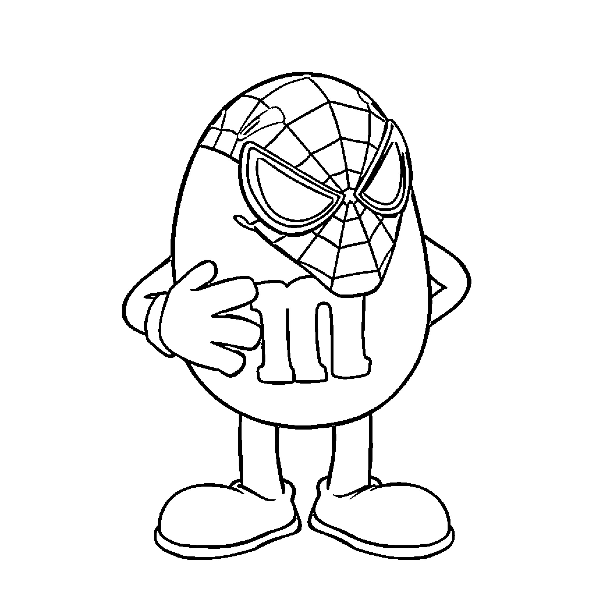 M&M character in Spiderman-inspired costume Coloring Page (free black-and-white line drawing printable PDF for all, from beginners to advanced learners, including children, teens, adults, and seniors)