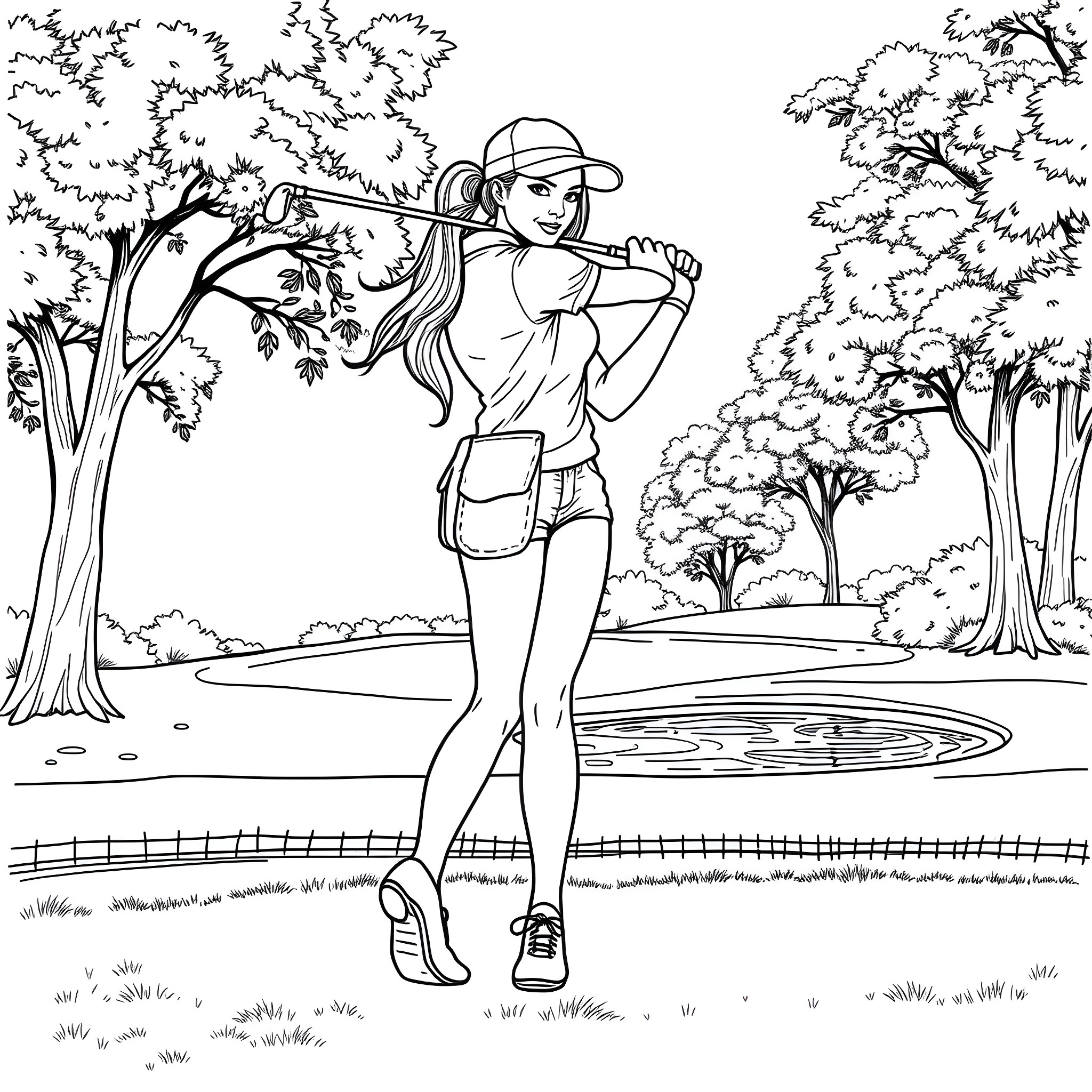 Woman hiking through a serene forest landscape Coloring Page (free black-and-white line drawing printable PDF for all, from beginners to advanced learners, including children, teens, adults, and seniors)
