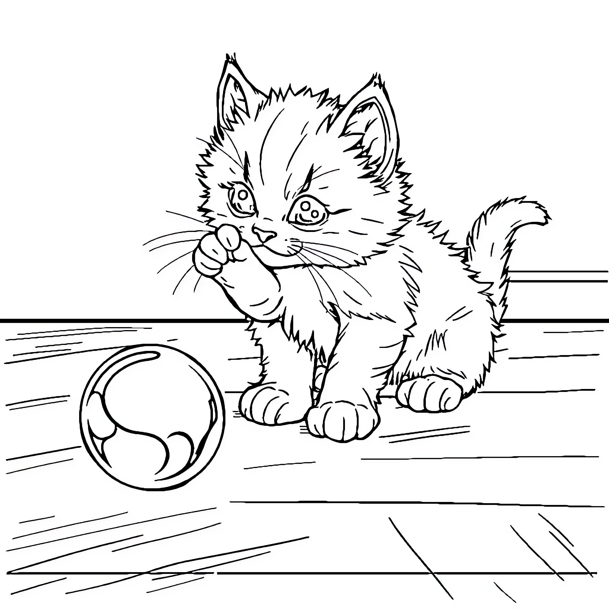 Kitten playing with a toy on the floor Coloring Page (free black-and-white line drawing printable PDF for all, from beginners to advanced learners, including children, teens, adults, and seniors)
