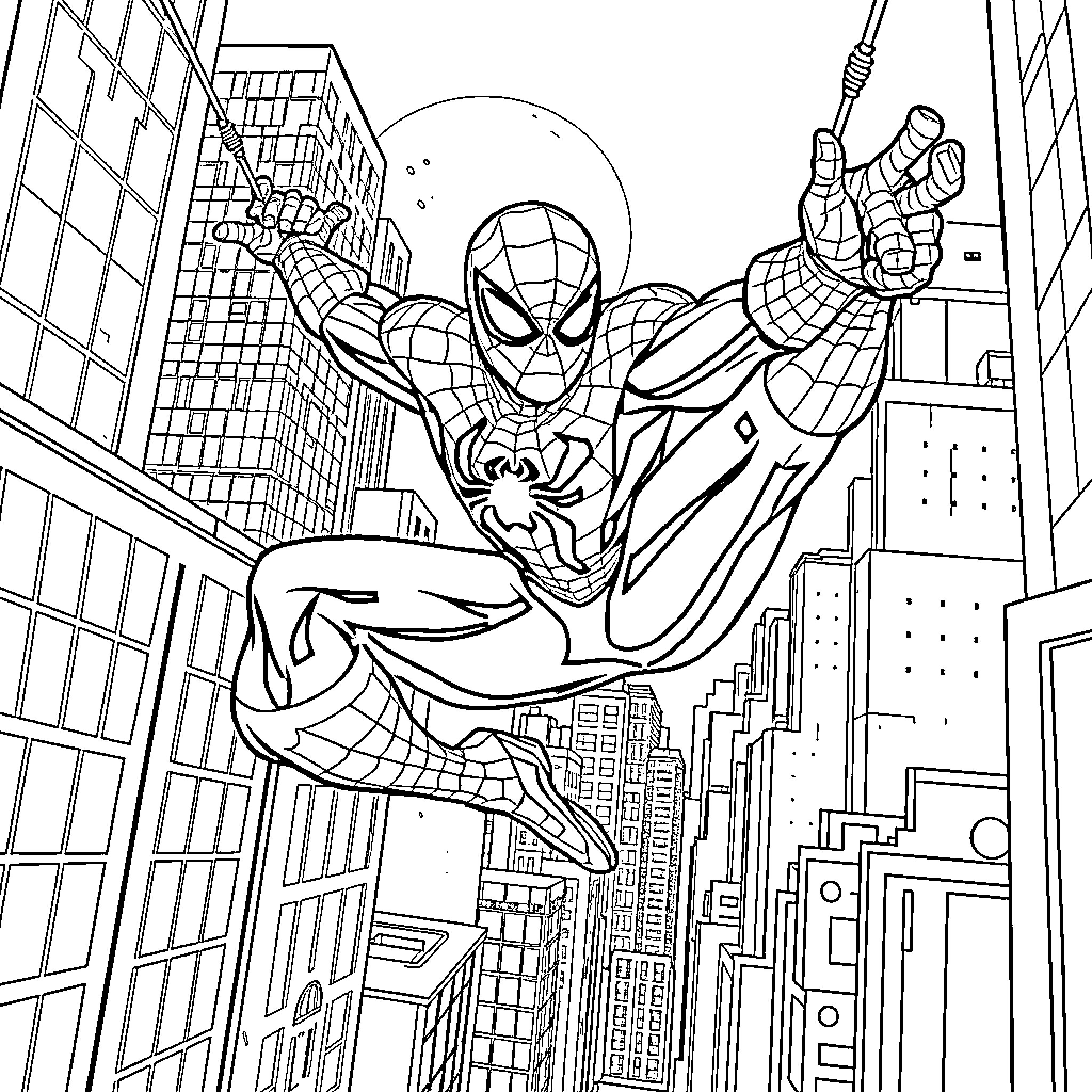 Spiderman swinging through the city skyline Coloring Page (free black-and-white line drawing printable PDF for all, from beginners to advanced learners, including children, teens, adults, and seniors)