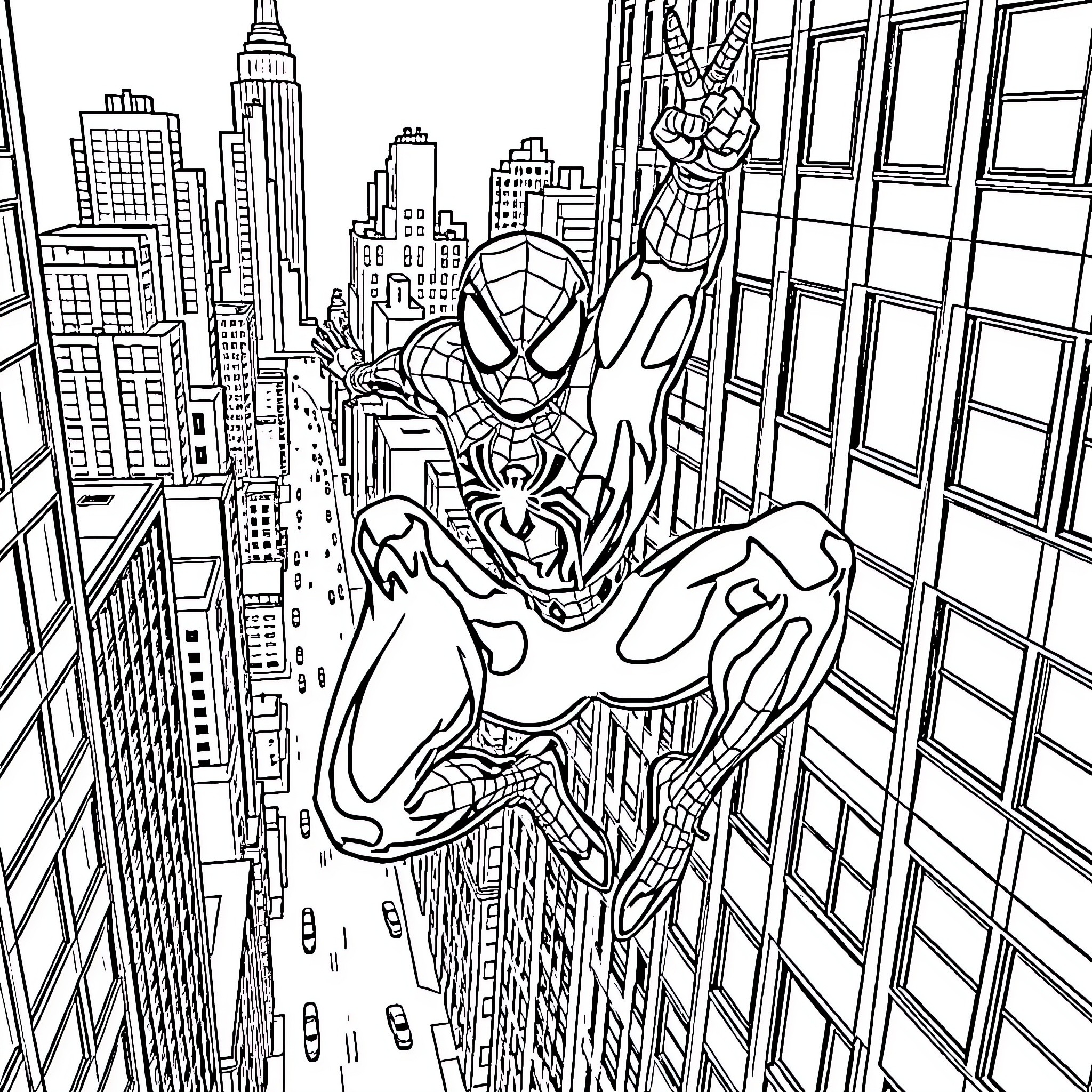 Spider-Man swinging through the city skyline Coloring Page (free black-and-white line drawing printable PDF for all, from beginners to advanced learners, including children, teens, adults, and seniors)