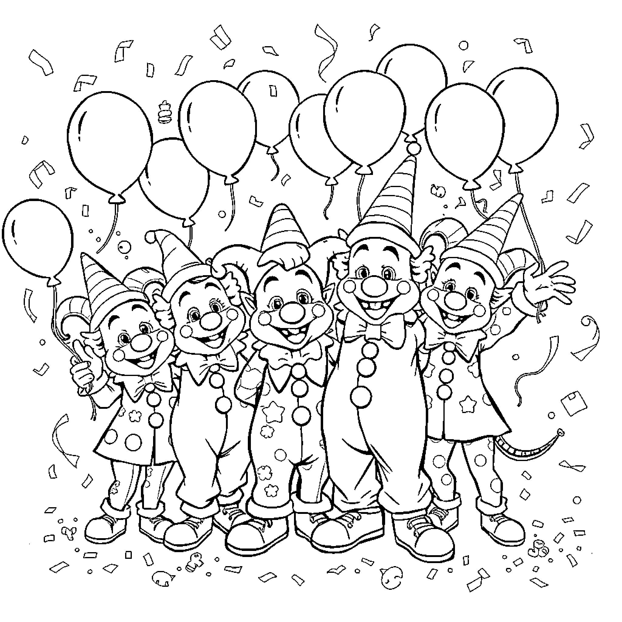 Bluey Celebrates with a Clown Party Coloring Page (free black-and-white line drawing printable PDF for all, from beginners to advanced learners, including children, teens, adults, and seniors)