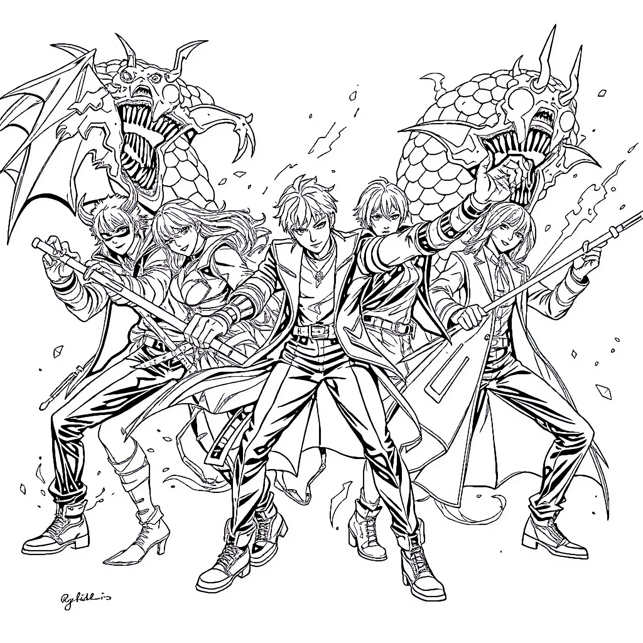 Kpop Demon Hunters in Epic Battle Coloring Page (free black-and-white line drawing printable PDF for all, from beginners to advanced learners, including children, teens, adults, and seniors)
