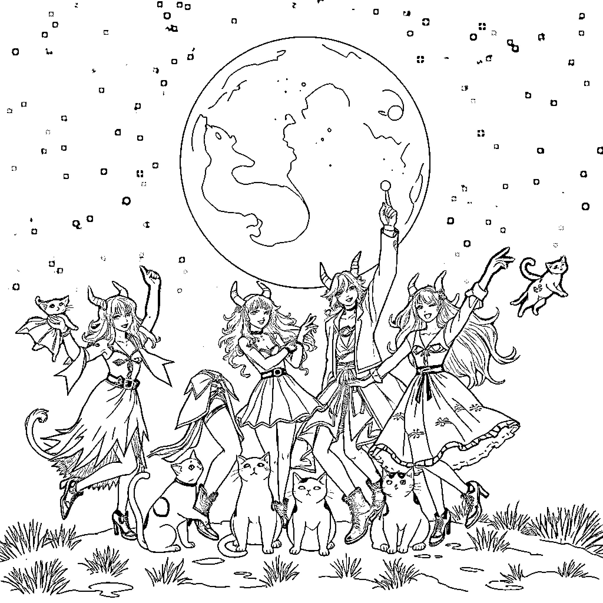 Kpop anime-style characters posing under the moon Coloring Page (free black-and-white line drawing printable PDF for all, from beginners to advanced learners, including children, teens, adults, and seniors)