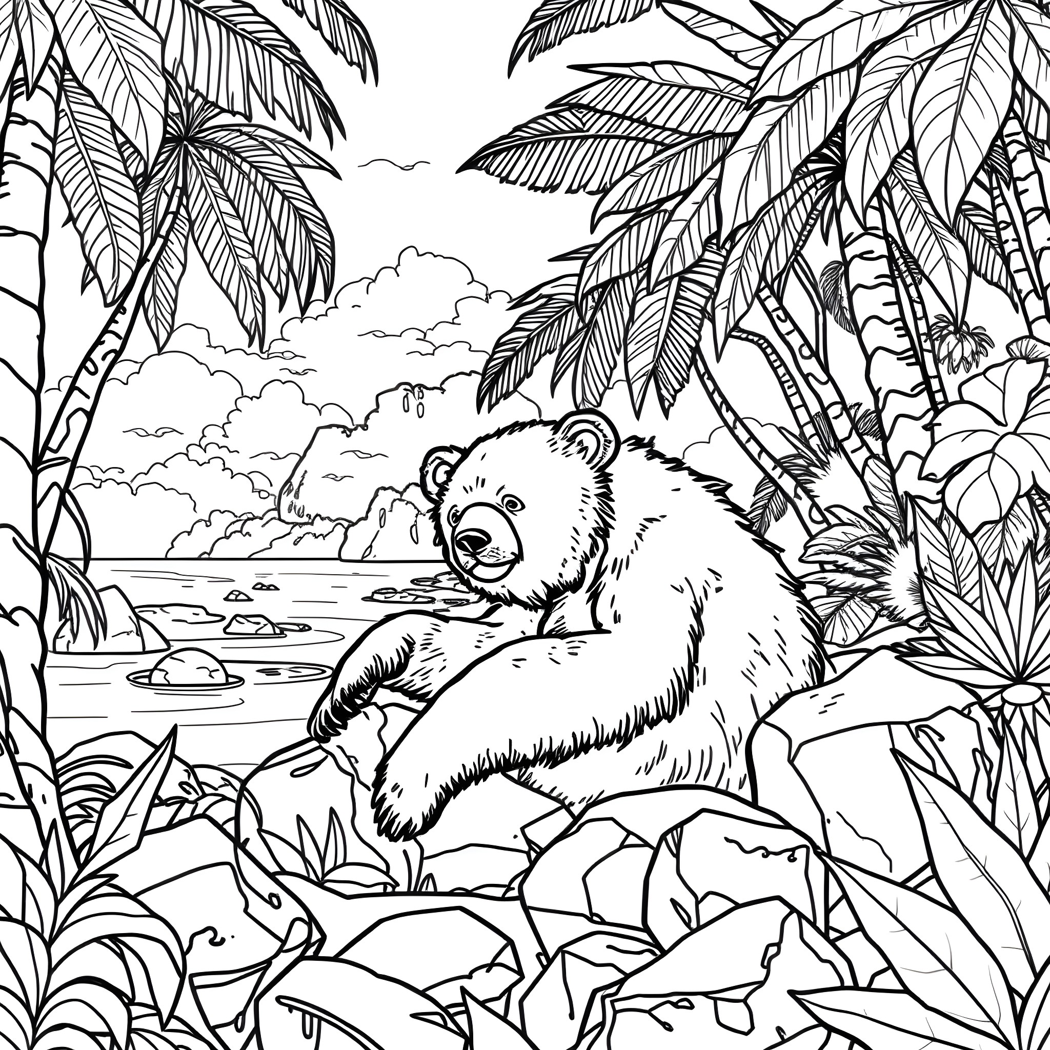 Sun Bear Relaxing in Tropical Jungle Coloring Page (free black-and-white line drawing printable PDF for all, from beginners to advanced learners, including children, teens, adults, and seniors)
