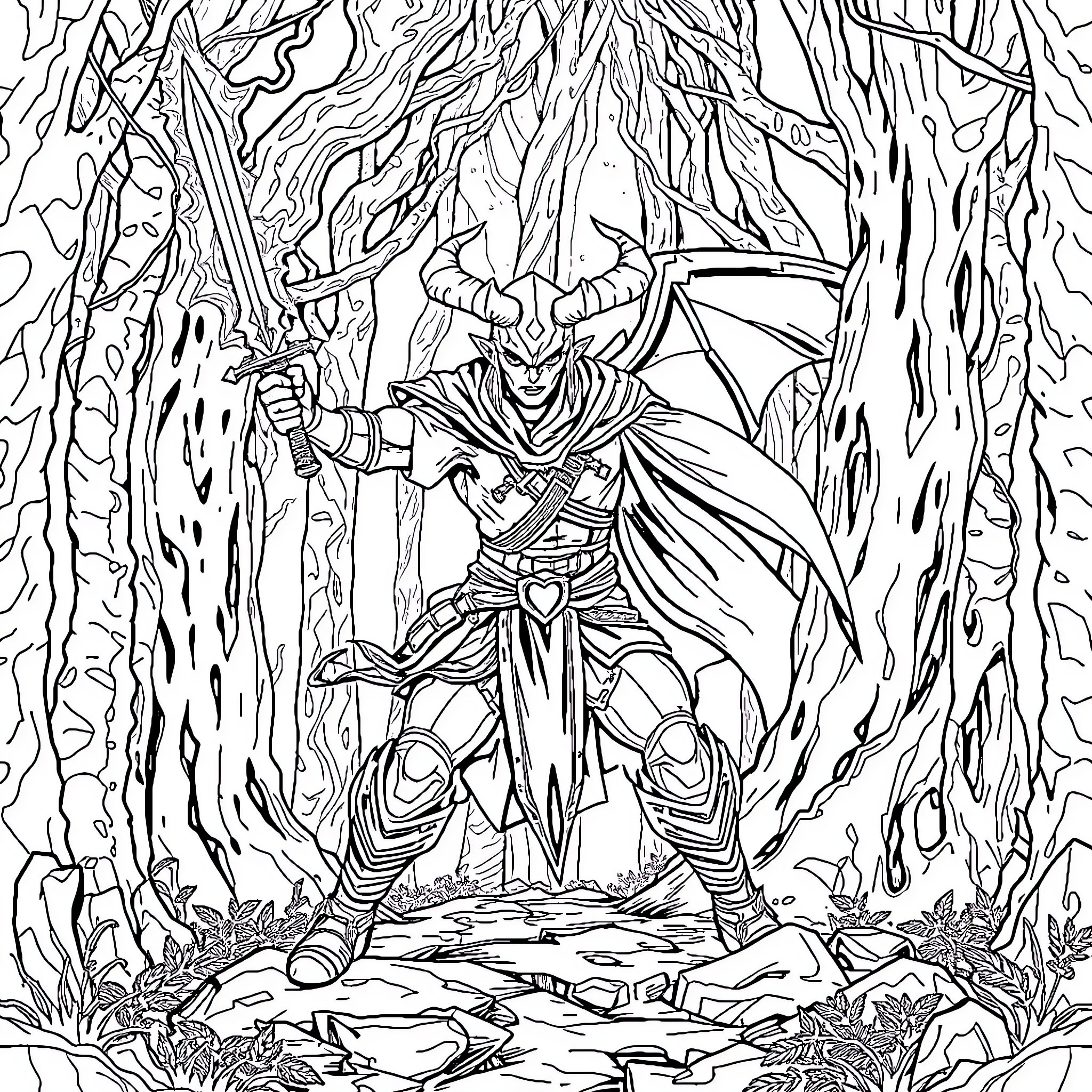 Demon Slayer Warrior Wielding Sword in Mystical Forest Coloring Page (free black-and-white line drawing printable PDF for all, from beginners to advanced learners, including children, teens, adults, and seniors)