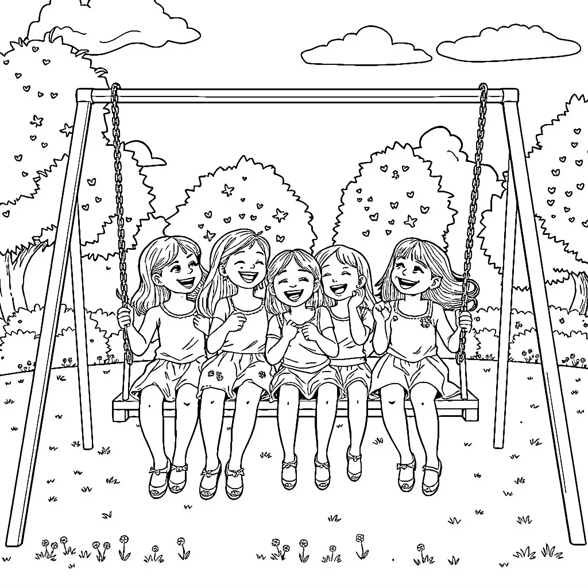 Girls enjoying a swing set in the park Coloring Page (free black-and-white line drawing printable PDF for all, from beginners to advanced learners, including children, teens, adults, and seniors)