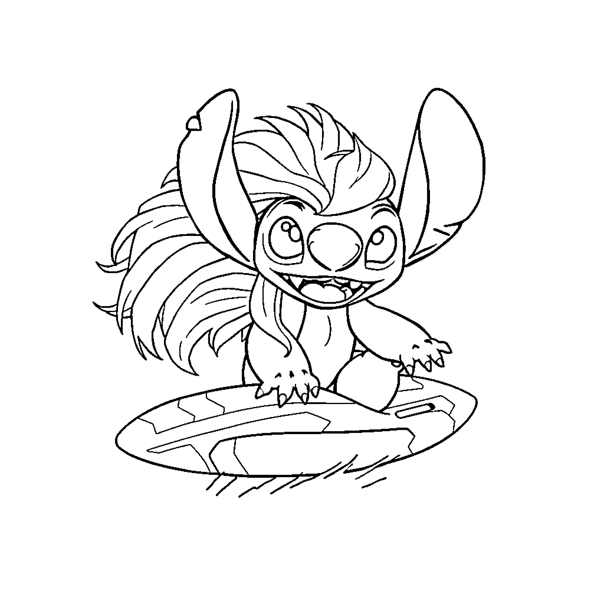Stitch Surfing on the Waves Coloring Page (free black-and-white line drawing printable PDF for all, from beginners to advanced learners, including children, teens, adults, and seniors)