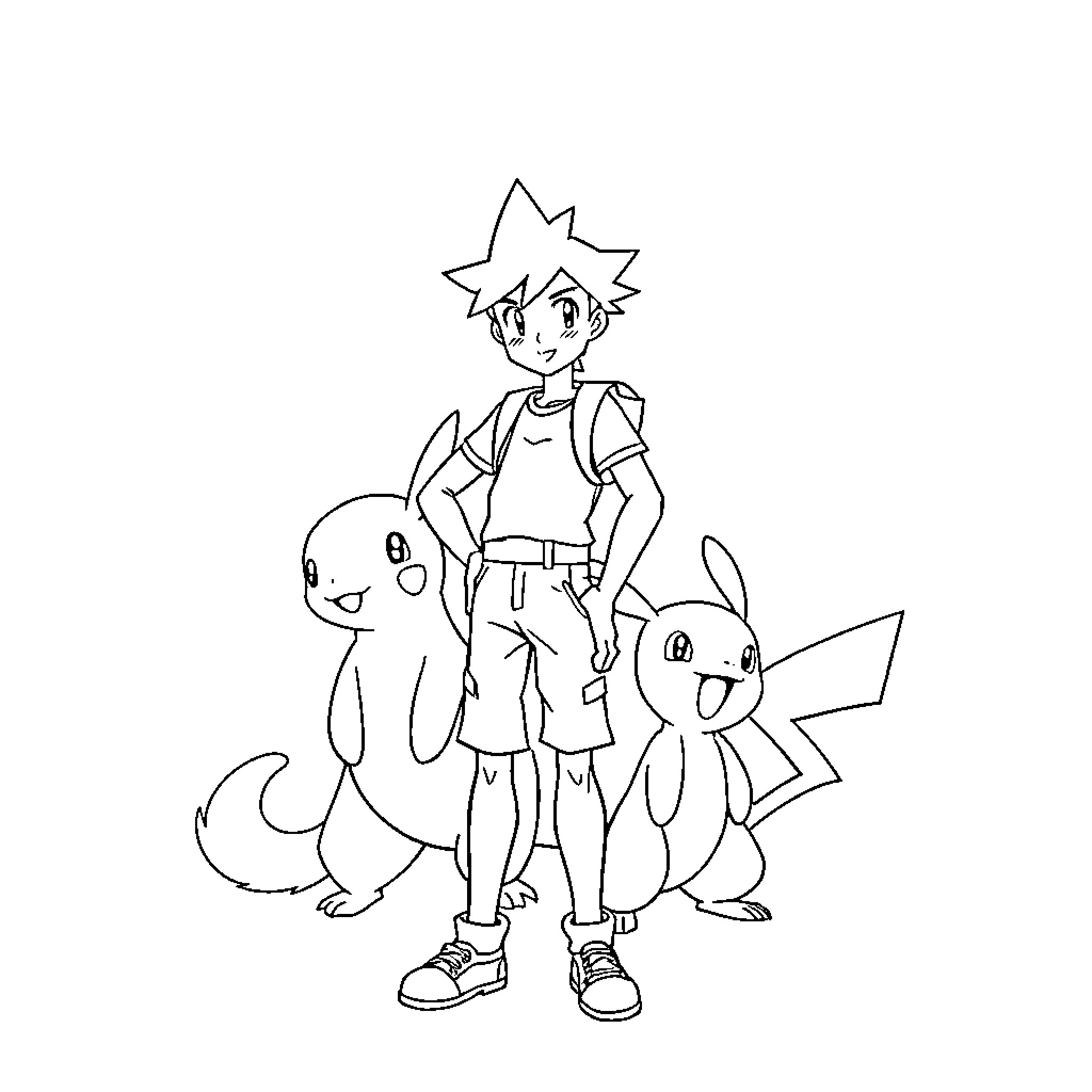 Ash and his Pokémon companions in adventure Coloring Page (free black-and-white line drawing printable PDF for all, from beginners to advanced learners, including children, teens, adults, and seniors)