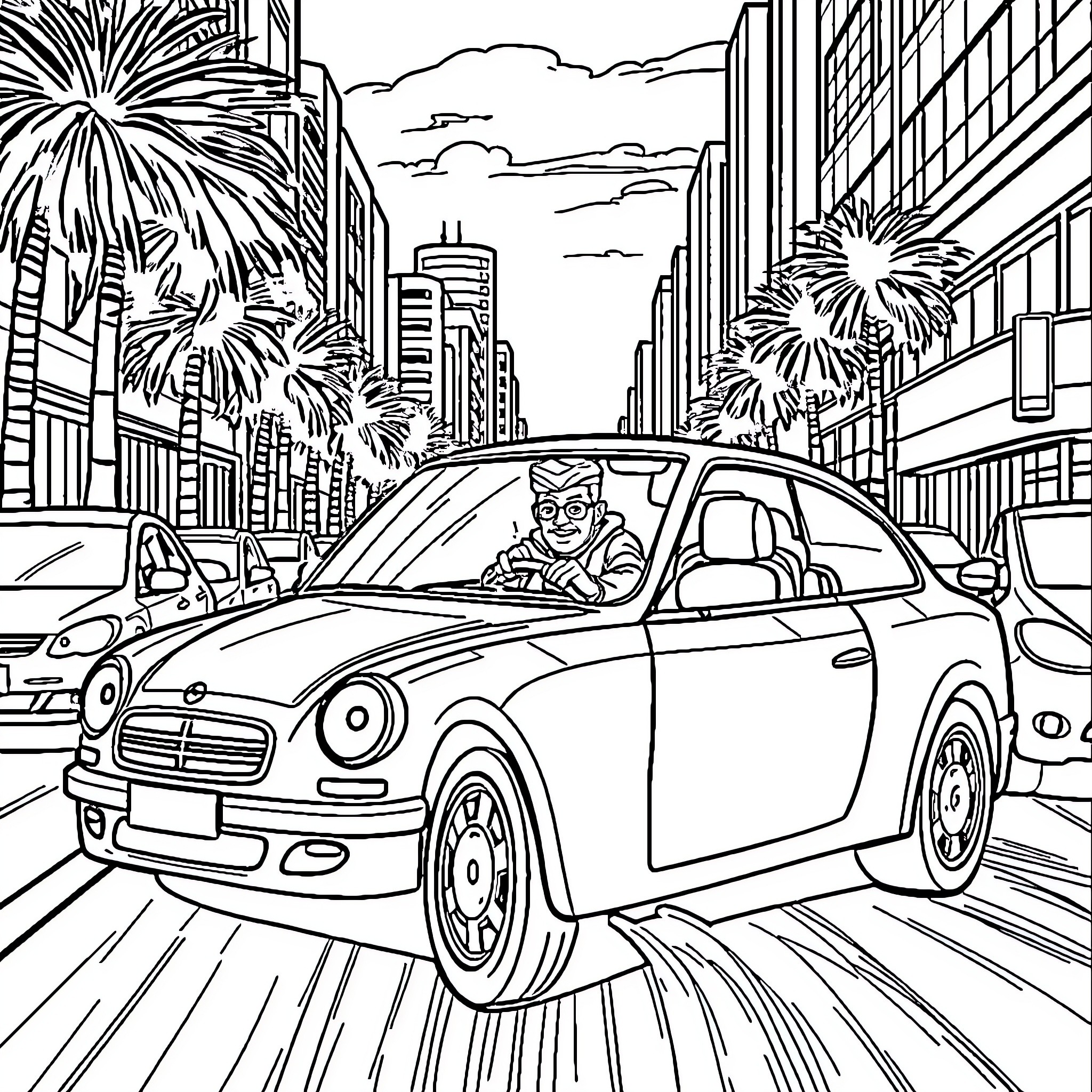Saad Jerri drives sports car on city street Coloring Page (free black-and-white line drawing printable PDF for all, from beginners to advanced learners, including children, teens, adults, and seniors)