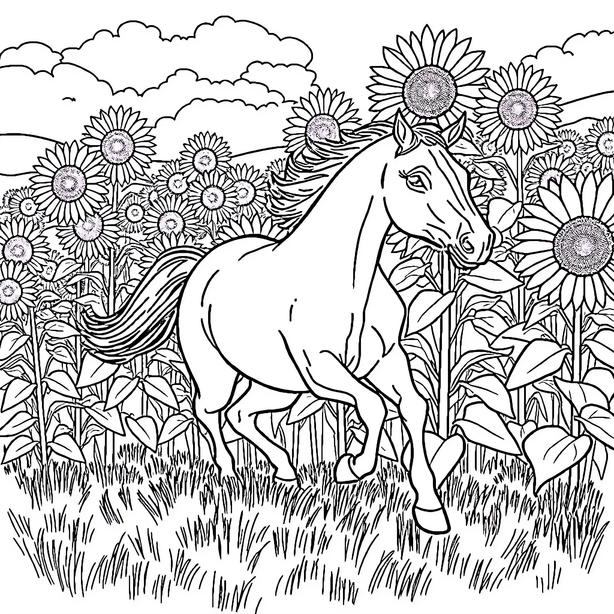 Horse Running Through Sunflower Field Coloring Page (free black-and-white line drawing printable PDF for all, from beginners to advanced learners, including children, teens, adults, and seniors)