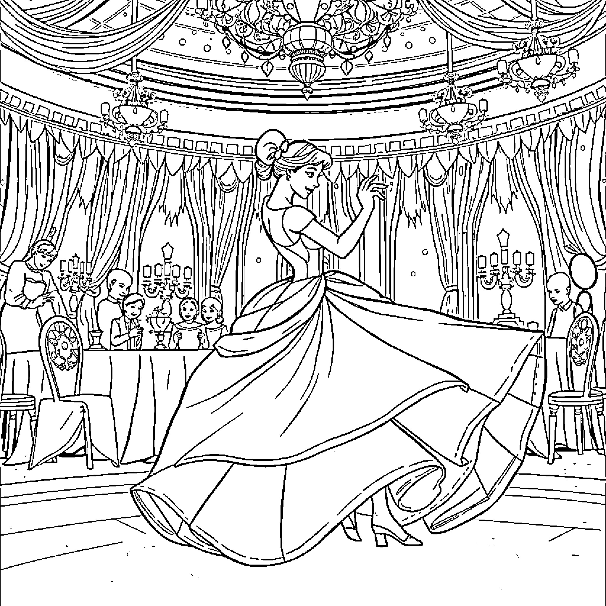 Cinderella dancing gracefully at the royal ball Coloring Page (free black-and-white line drawing printable PDF for all, from beginners to advanced learners, including children, teens, adults, and seniors)