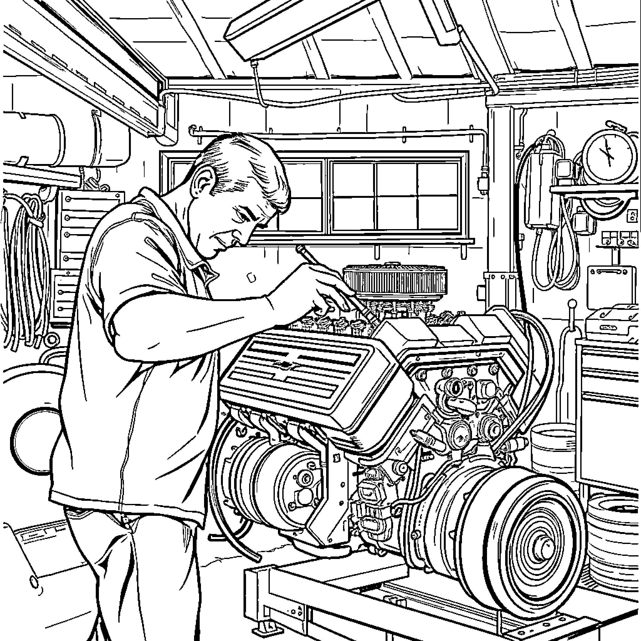 Man repairing complex machinery in a workshop Coloring Page (free black-and-white line drawing printable PDF for all, from beginners to advanced learners, including children, teens, adults, and seniors)