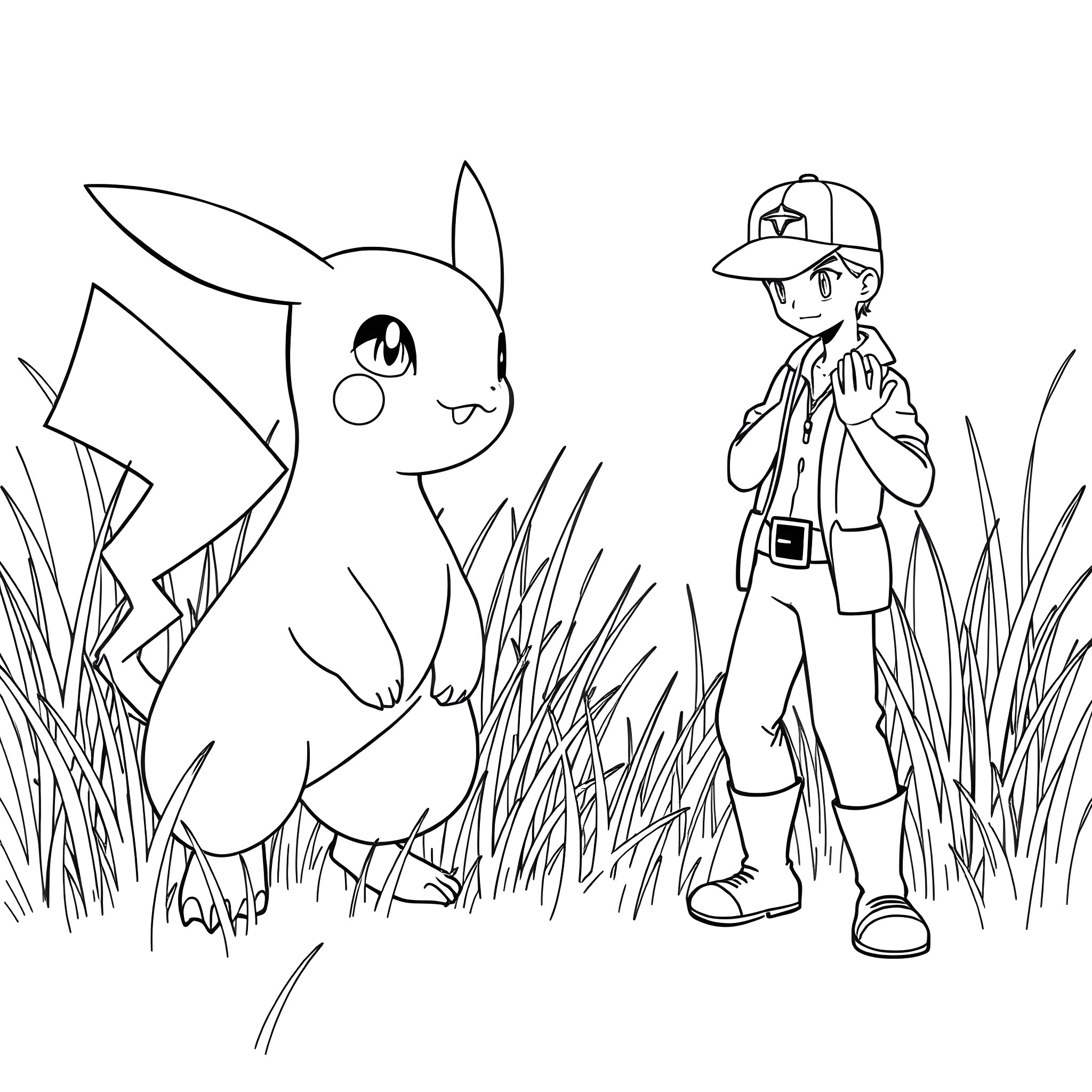 Pokémon Trainer Encountering a Curious Pocket Monster Coloring Page (free black-and-white line drawing printable PDF for all, from beginners to advanced learners, including children, teens, adults, and seniors)