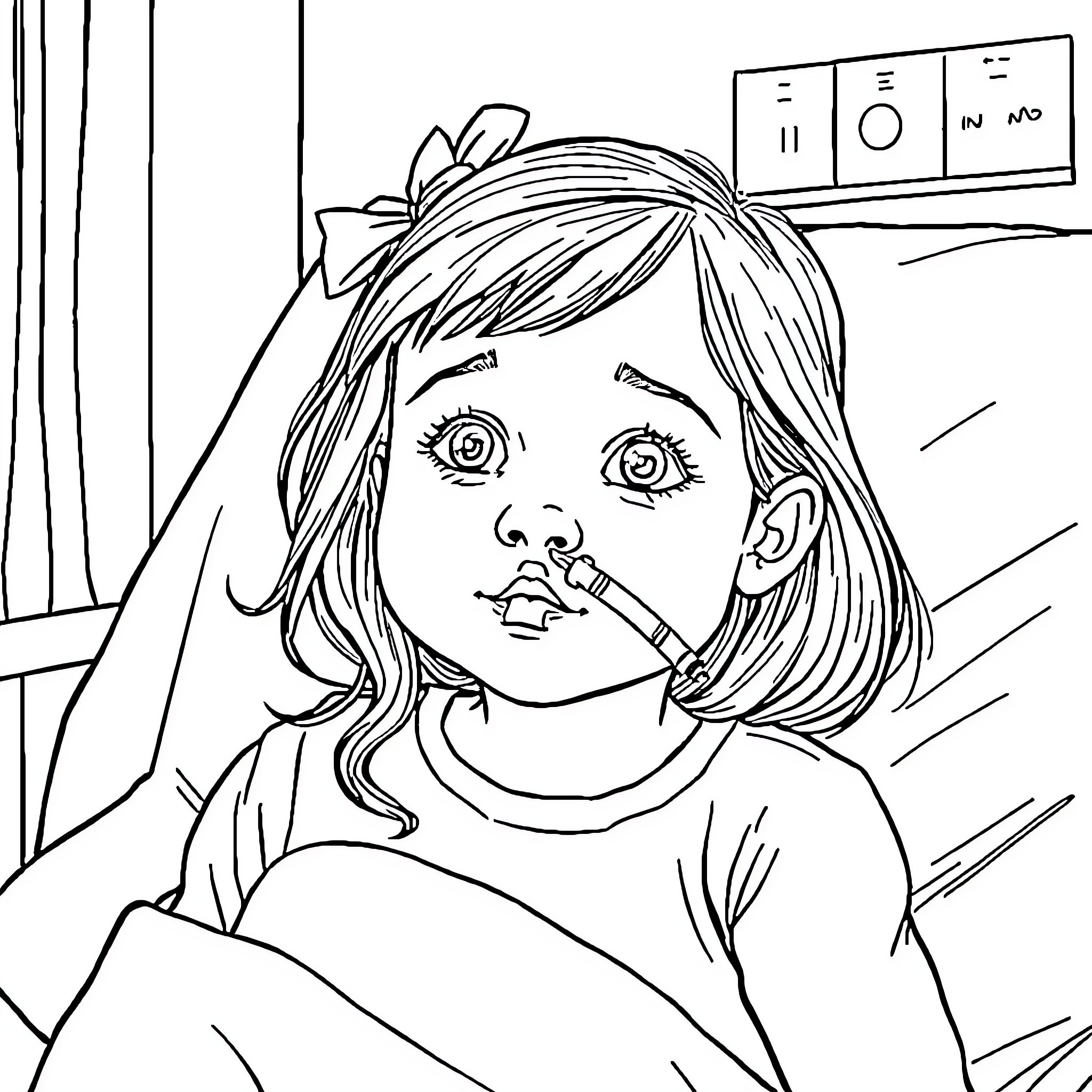 Girl looking attentively in classroom Coloring Page (free black-and-white line drawing printable PDF for all, from beginners to advanced learners, including children, teens, adults, and seniors)
