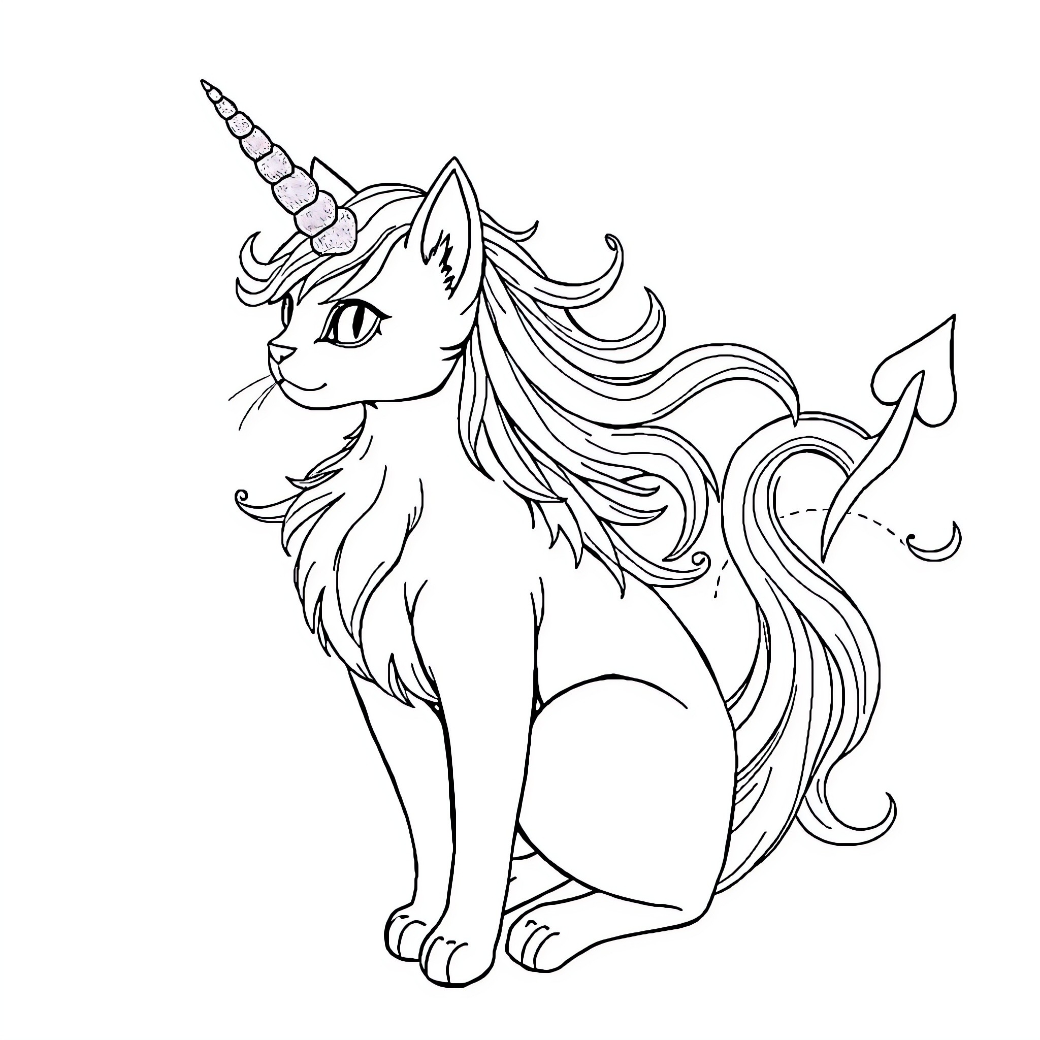 Cat-Unicorn-Siren hybrid creature posing with ornate features Coloring Page (free black-and-white line drawing printable PDF for all, from beginners to advanced learners, including children, teens, adults, and seniors)