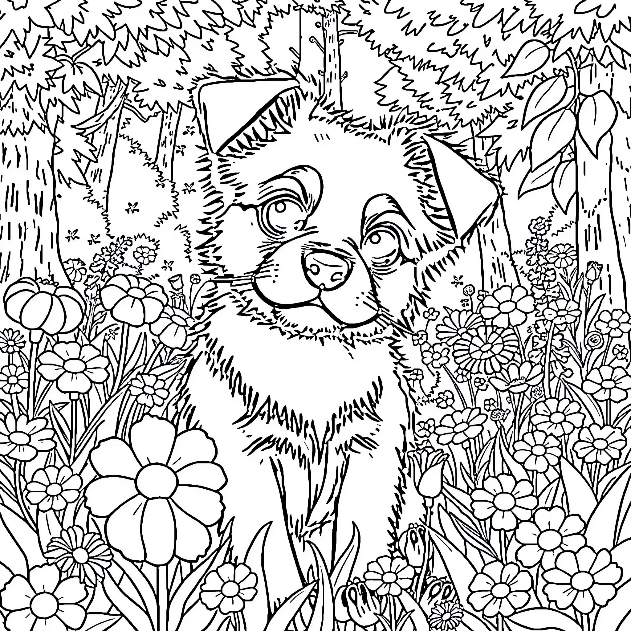 Dog exploring the floral garden Coloring Page (free black-and-white line drawing printable PDF for all, from beginners to advanced learners, including children, teens, adults, and seniors)