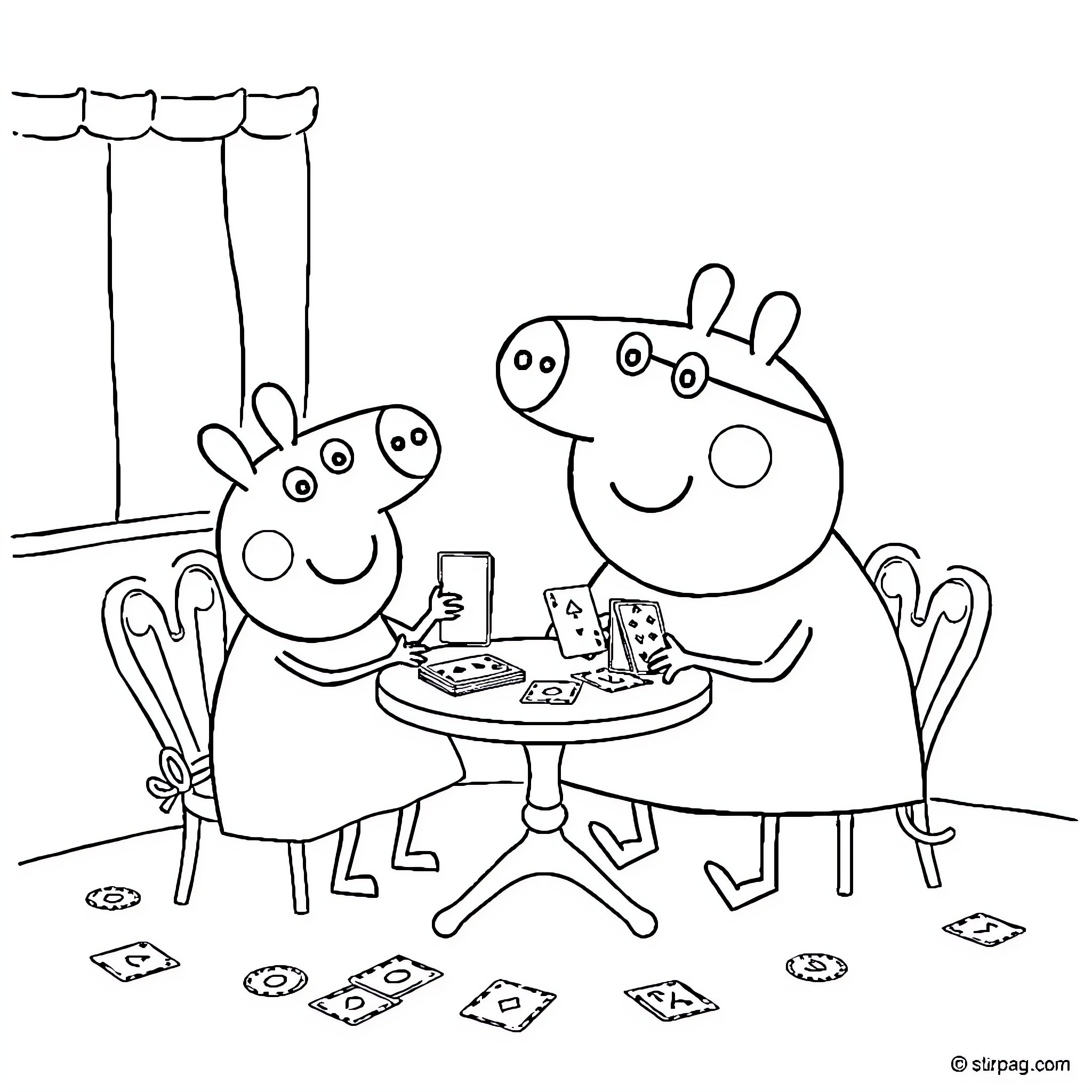 Peppa Pig and friends playing cards together Coloring Page (free black-and-white line drawing printable PDF for all, from beginners to advanced learners, including children, teens, adults, and seniors)