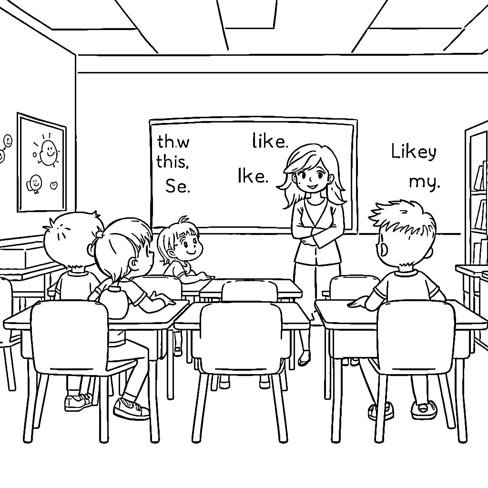 Kid learning in the classroom Coloring Page (free black-and-white line drawing printable PDF for all, from beginners to advanced learners, including children, teens, adults, and seniors)