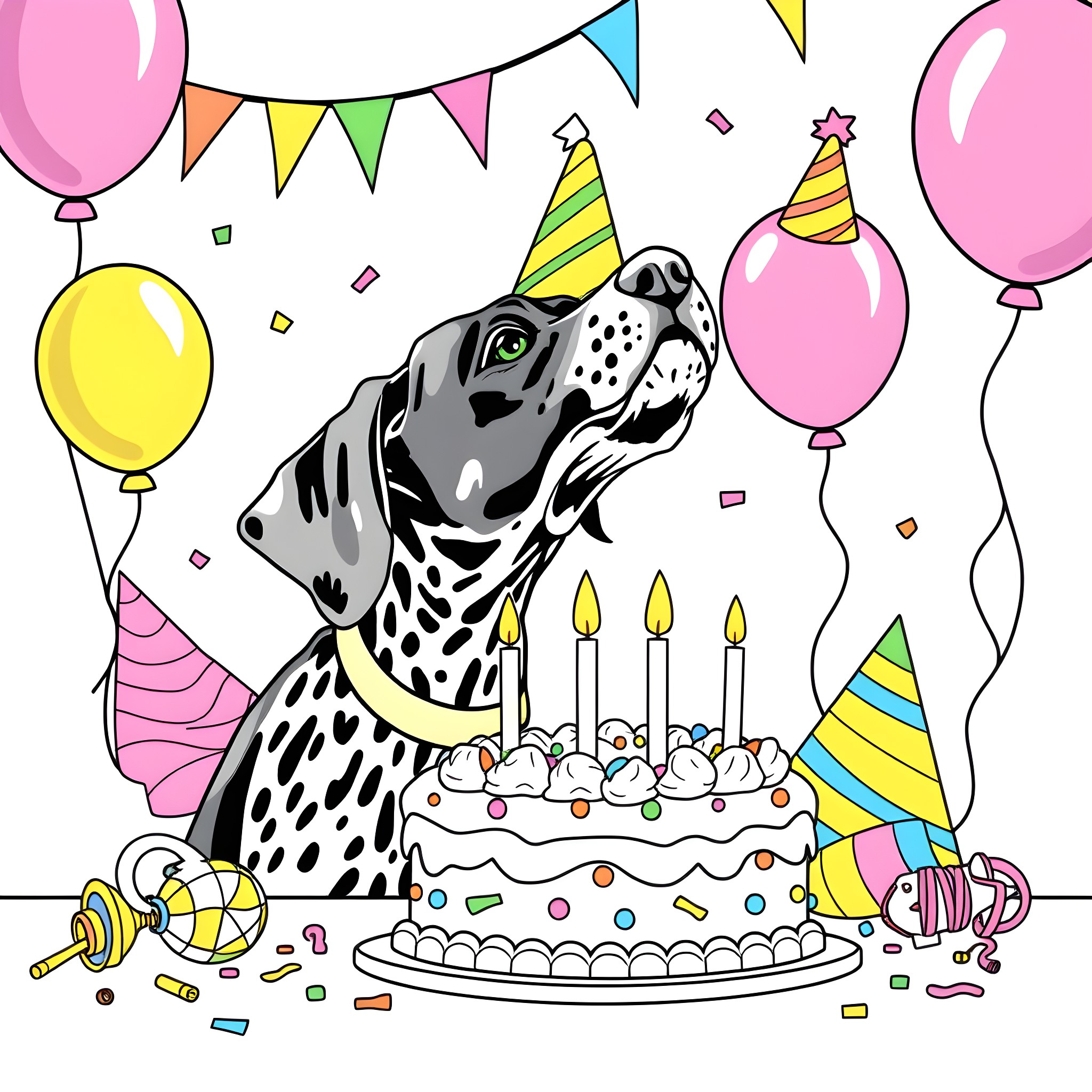 GSP Dog Celebrating Birthday with Cake and Balloons Coloring Page (free black-and-white line drawing printable PDF for all, from beginners to advanced learners, including children, teens, adults, and seniors)