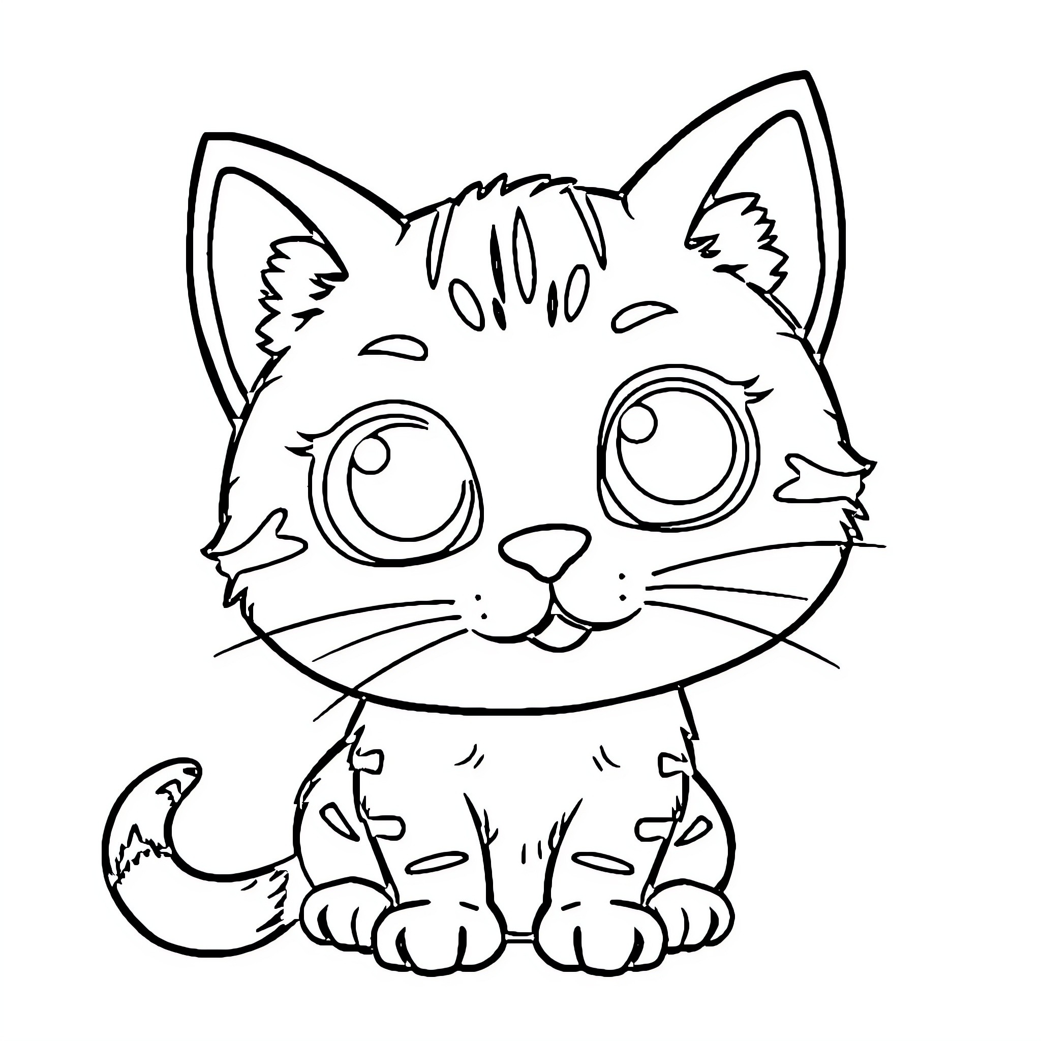 Cat with big eyes and cute expression Coloring Page (free black-and-white line drawing printable PDF for all, from beginners to advanced learners, including children, teens, adults, and seniors)