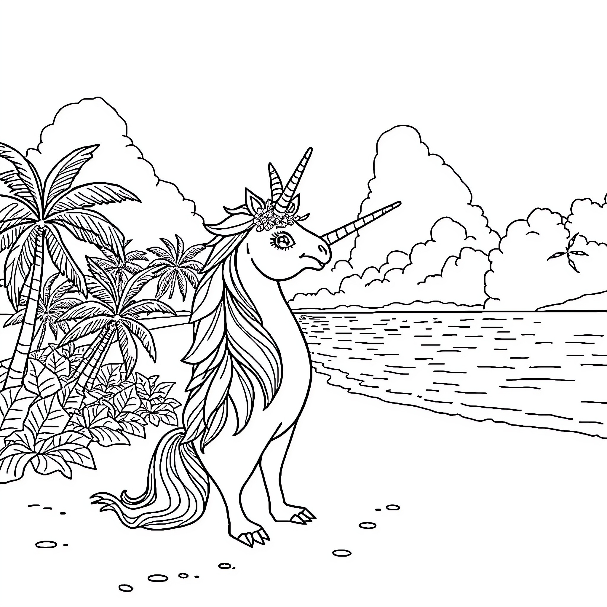 Unicorn enjoying tropical beach scene Coloring Page (free black-and-white line drawing printable PDF for all, from beginners to advanced learners, including children, teens, adults, and seniors)