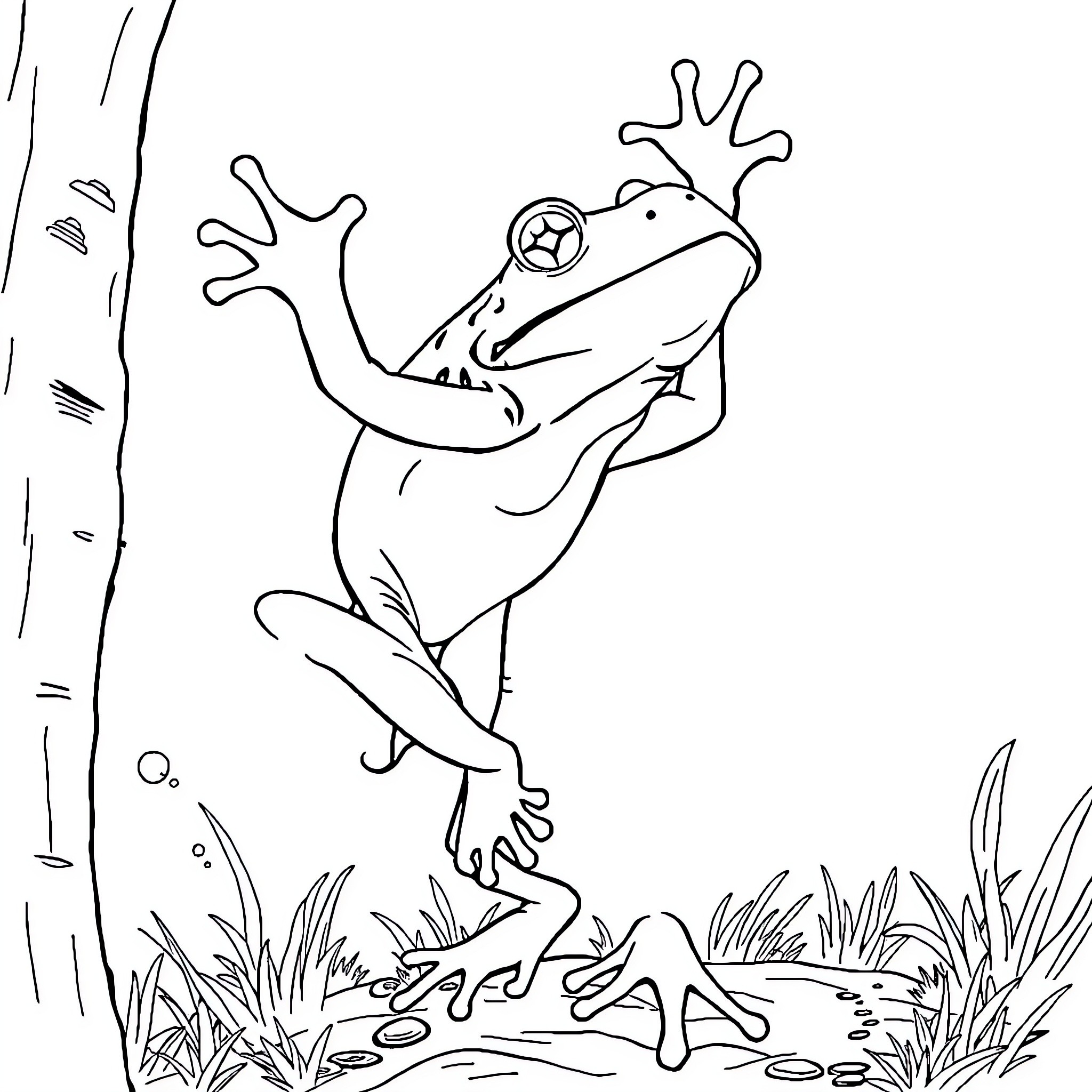 E. Honda's Frog Leaping Joyfully Coloring Page (free black-and-white line drawing printable PDF for all, from beginners to advanced learners, including children, teens, adults, and seniors)