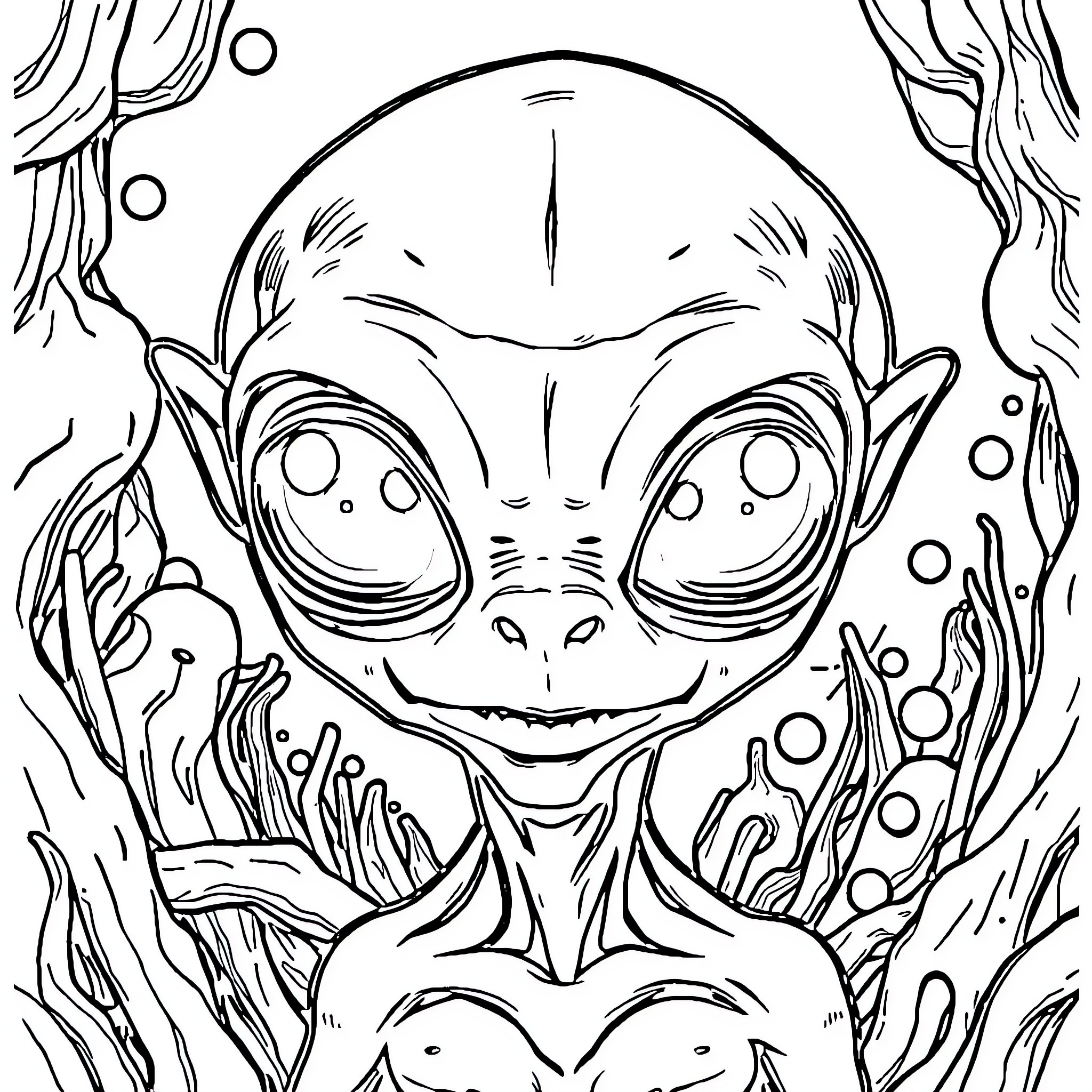 Alien creature with large eyes surrounded by abstract shapes Coloring Page (free black-and-white line drawing printable PDF for all, from beginners to advanced learners, including children, teens, adults, and seniors)