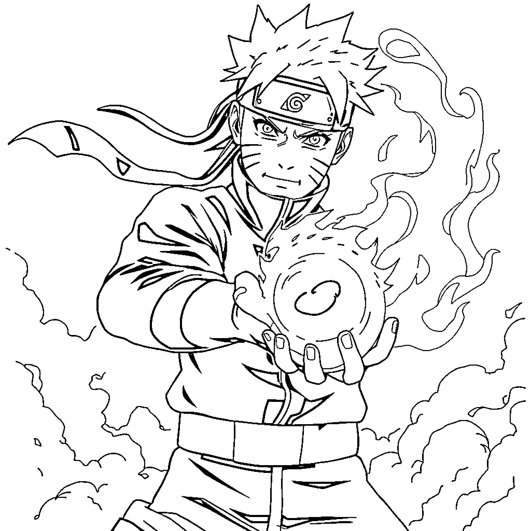 Naruto unleashing powerful ninja techniques Coloring Page (free black-and-white line drawing printable PDF for all, from beginners to advanced learners, including children, teens, adults, and seniors)