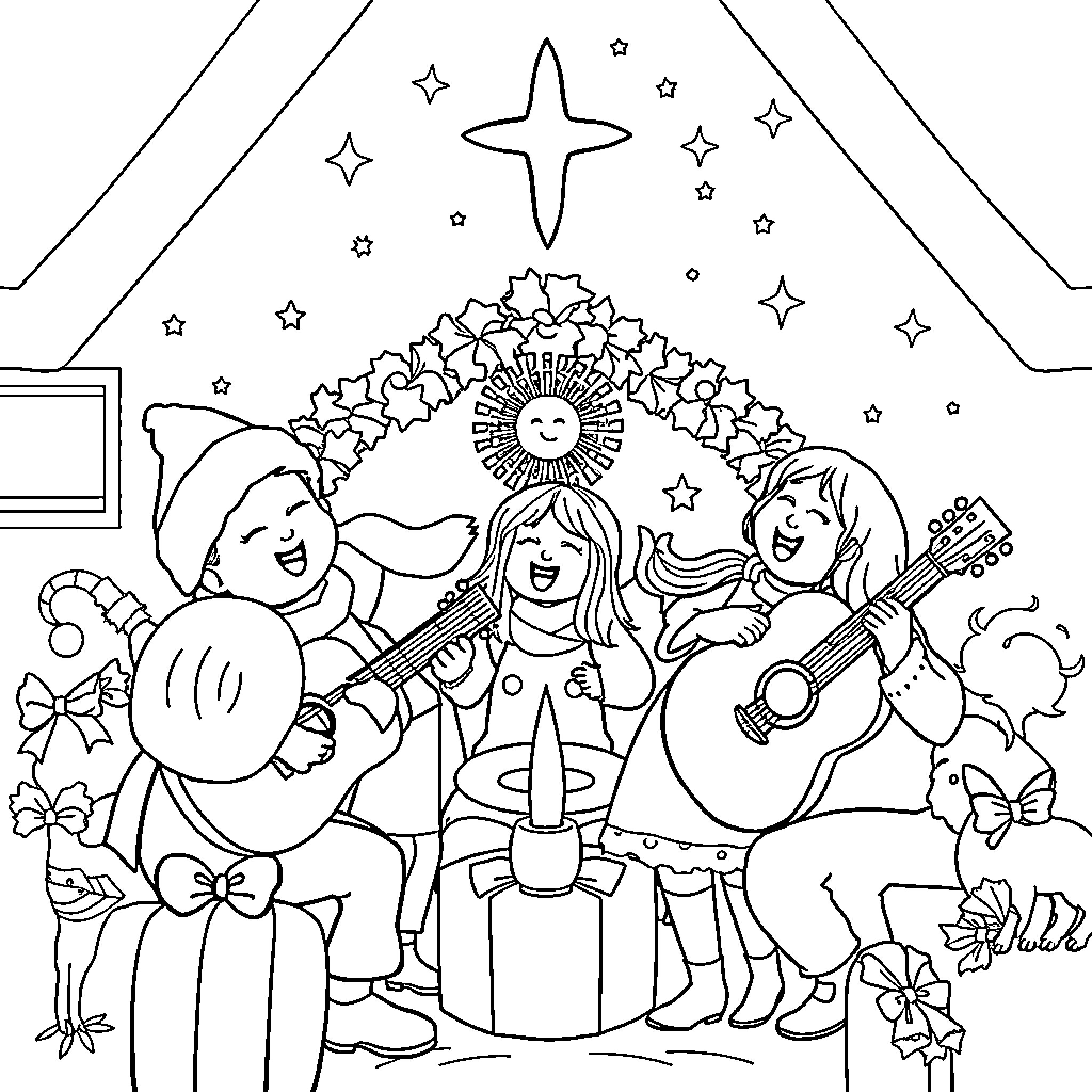 Christmas party with musical friends Coloring Page (free black-and-white line drawing printable PDF for all, from beginners to advanced learners, including children, teens, adults, and seniors)