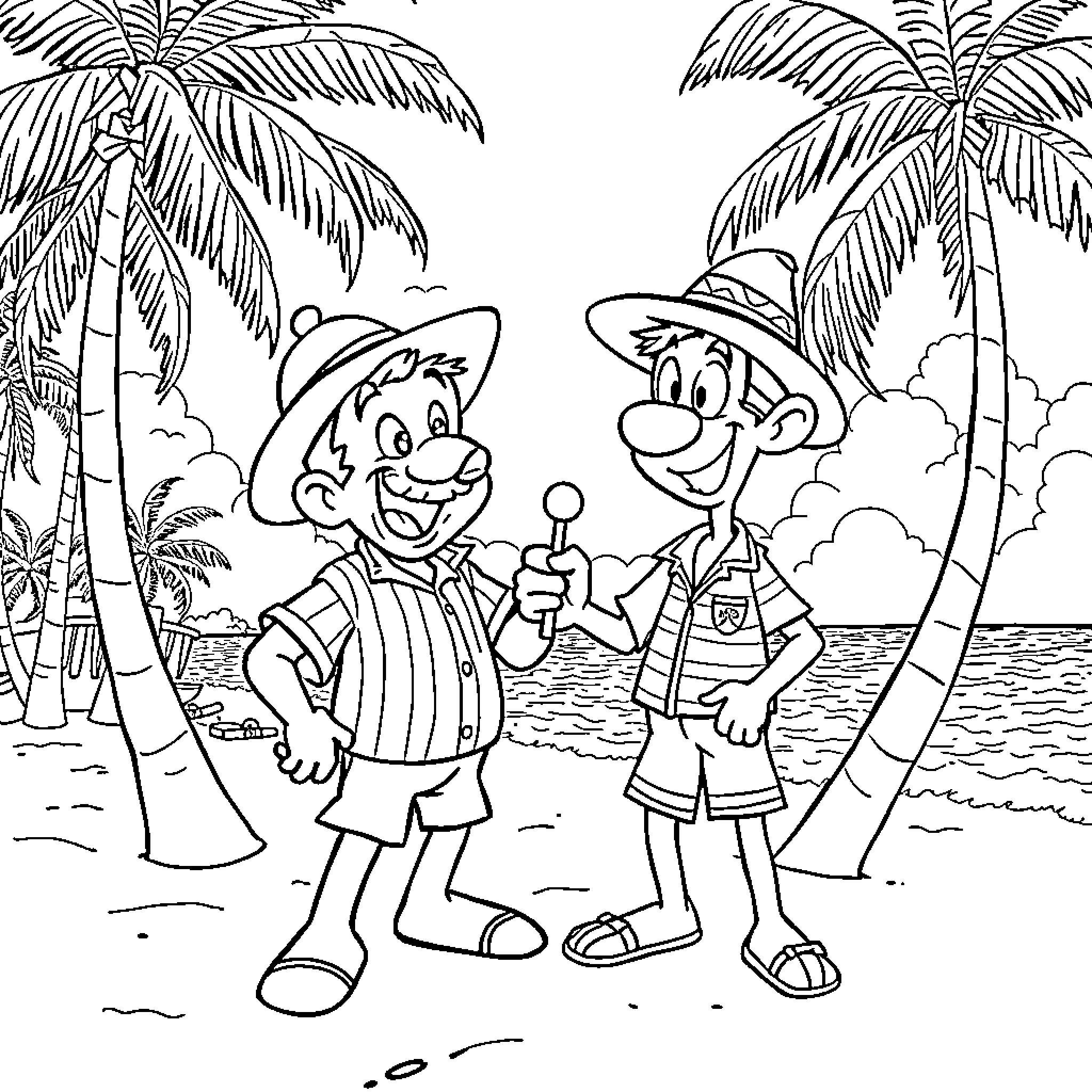 El Chavo del 8 enjoying a day at the beach with friends Coloring Page (free black-and-white line drawing printable PDF for all, from beginners to advanced learners, including children, teens, adults, and seniors)