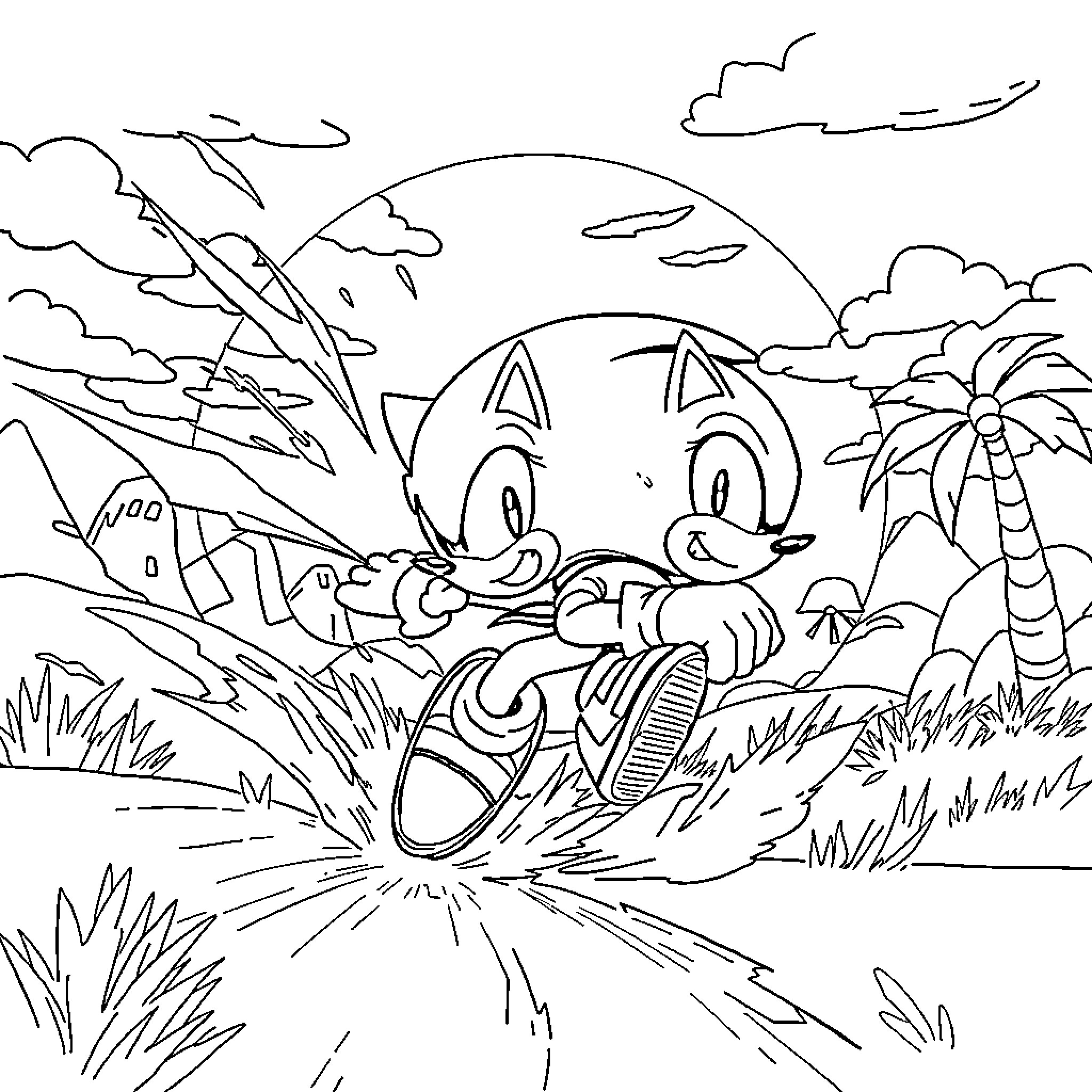 Sonic characters in a tropical landscape Coloring Page (free black-and-white line drawing printable PDF for all, from beginners to advanced learners, including children, teens, adults, and seniors)