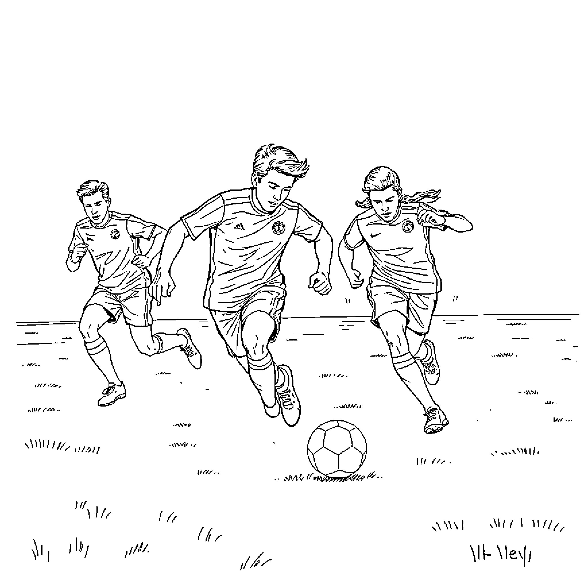 Soccer Players Competing Intensely on the Field Coloring Page (free black-and-white line drawing printable PDF for all, from beginners to advanced learners, including children, teens, adults, and seniors)