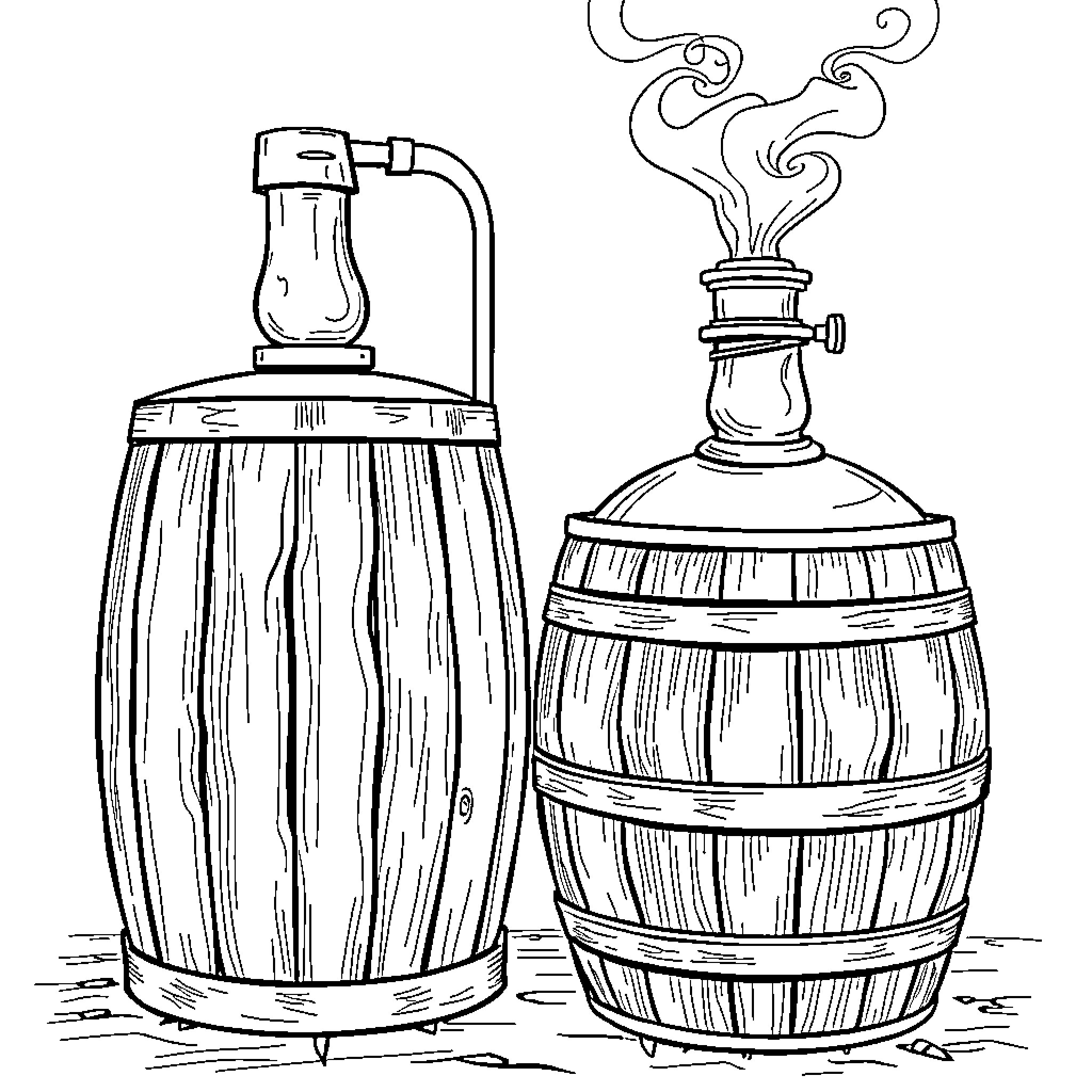 Whisky Barrel and Decanter with Smoky Vapor Coloring Page (free black-and-white line drawing printable PDF for all, from beginners to advanced learners, including children, teens, adults, and seniors)