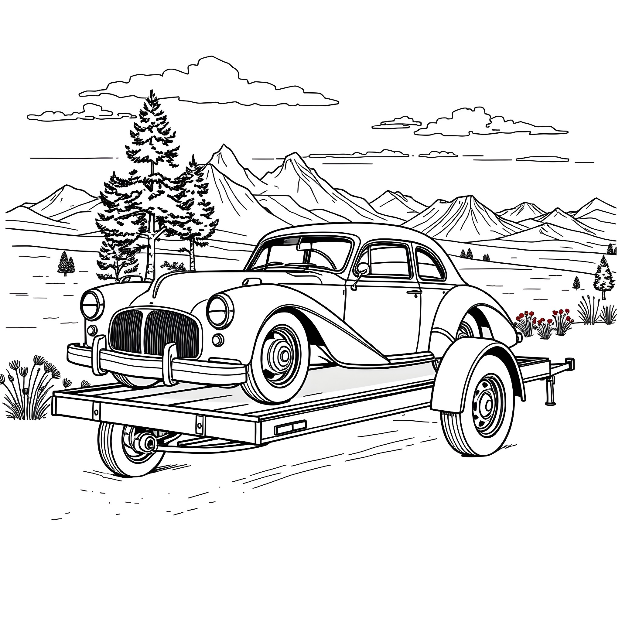 Car on a road trip through scenic mountains Coloring Page (free black-and-white line drawing printable PDF for all, from beginners to advanced learners, including children, teens, adults, and seniors)