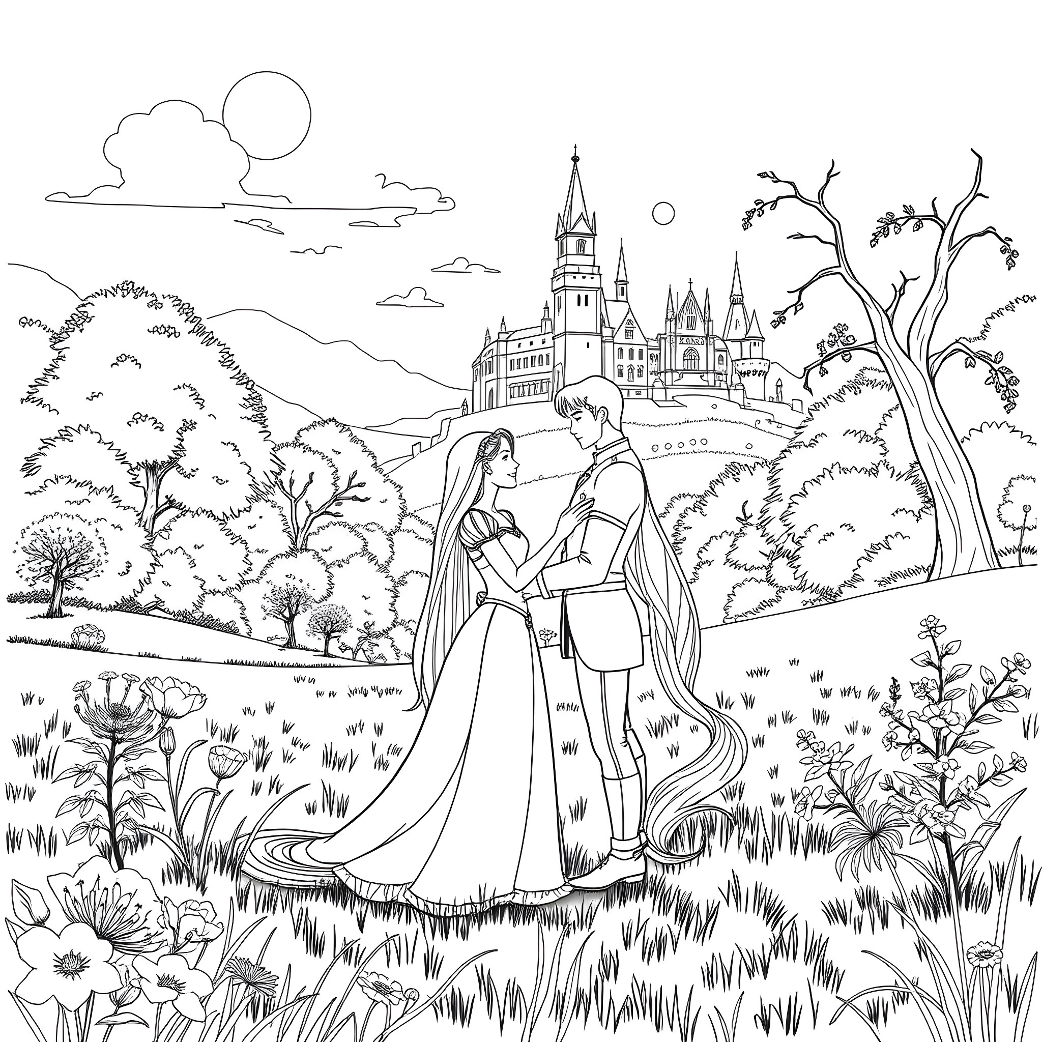 Rapunzel and Prince Charming's Romantic Encounter in the Palace Gardens Coloring Page (free black-and-white line drawing printable PDF for all, from beginners to advanced learners, including children, teens, adults, and seniors)